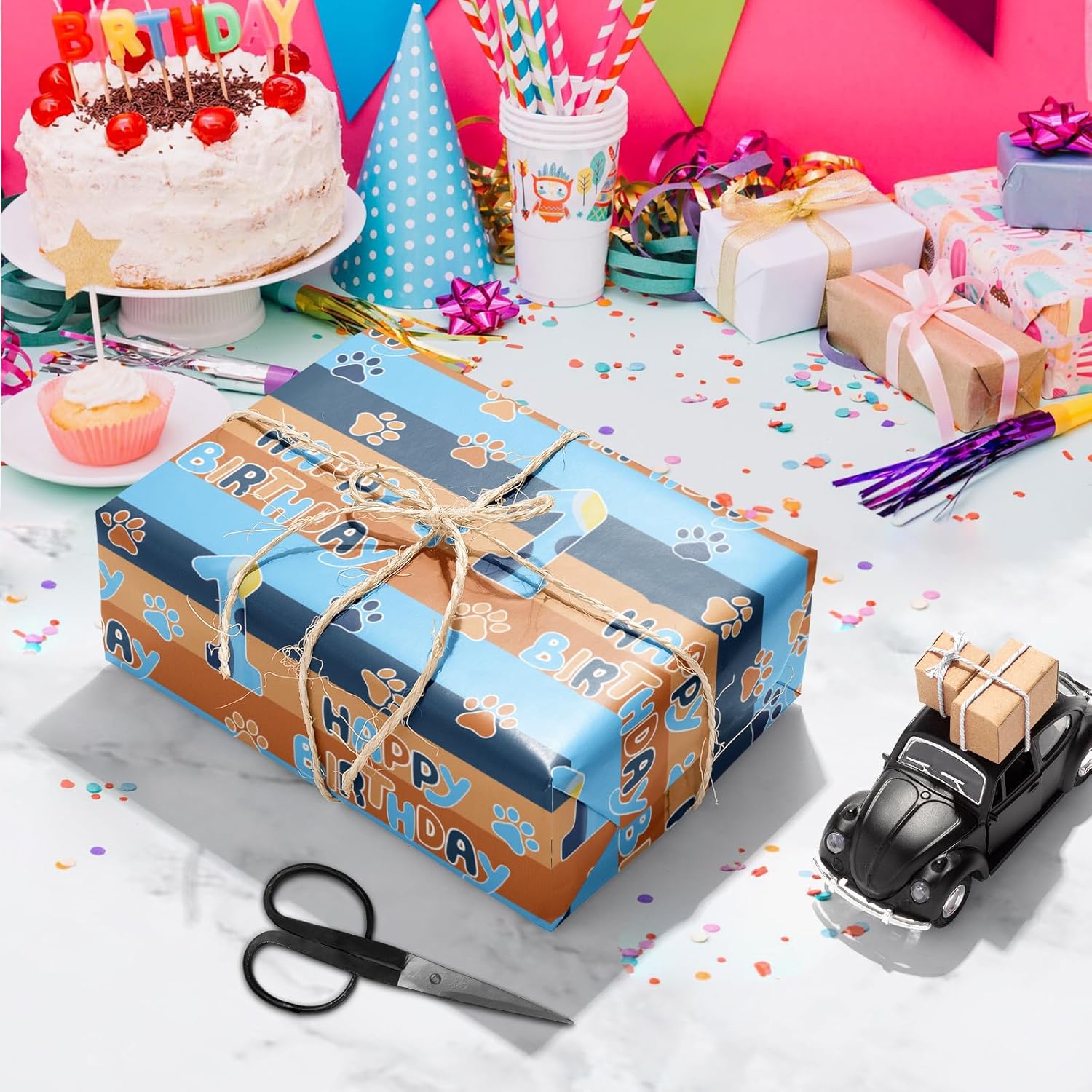 Happy 1St Birthday Wrapping Paper, 10 Sheets Blue Orange Dog Paw Gift Wrap Paper For Kids Boys Girls Birthday Party Baby Showers Holiday Greetings Present Packing | 19.7×27.6 Inch
