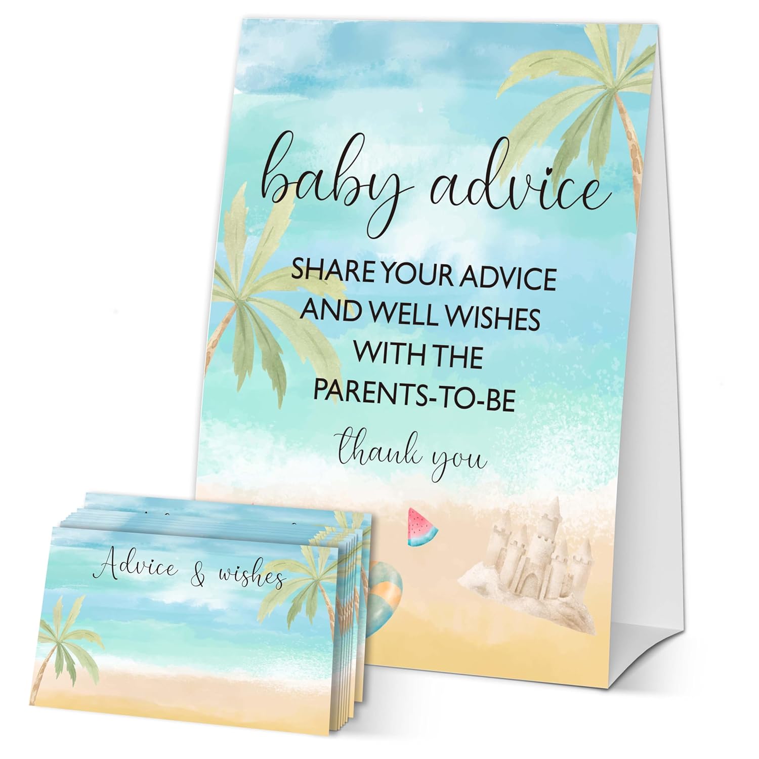Summer Beach Baby Advice Cards For The Parents-To-Be, Blue Ocean Baby Shower Decorations, 1 Sign & 50 Cards Game Set, Gender Neutral Party Supplies & Favor-A08