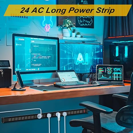 24 Outlet Long Power Strip Heavy Duty Metal 10FT Extension Cord Wall Mount