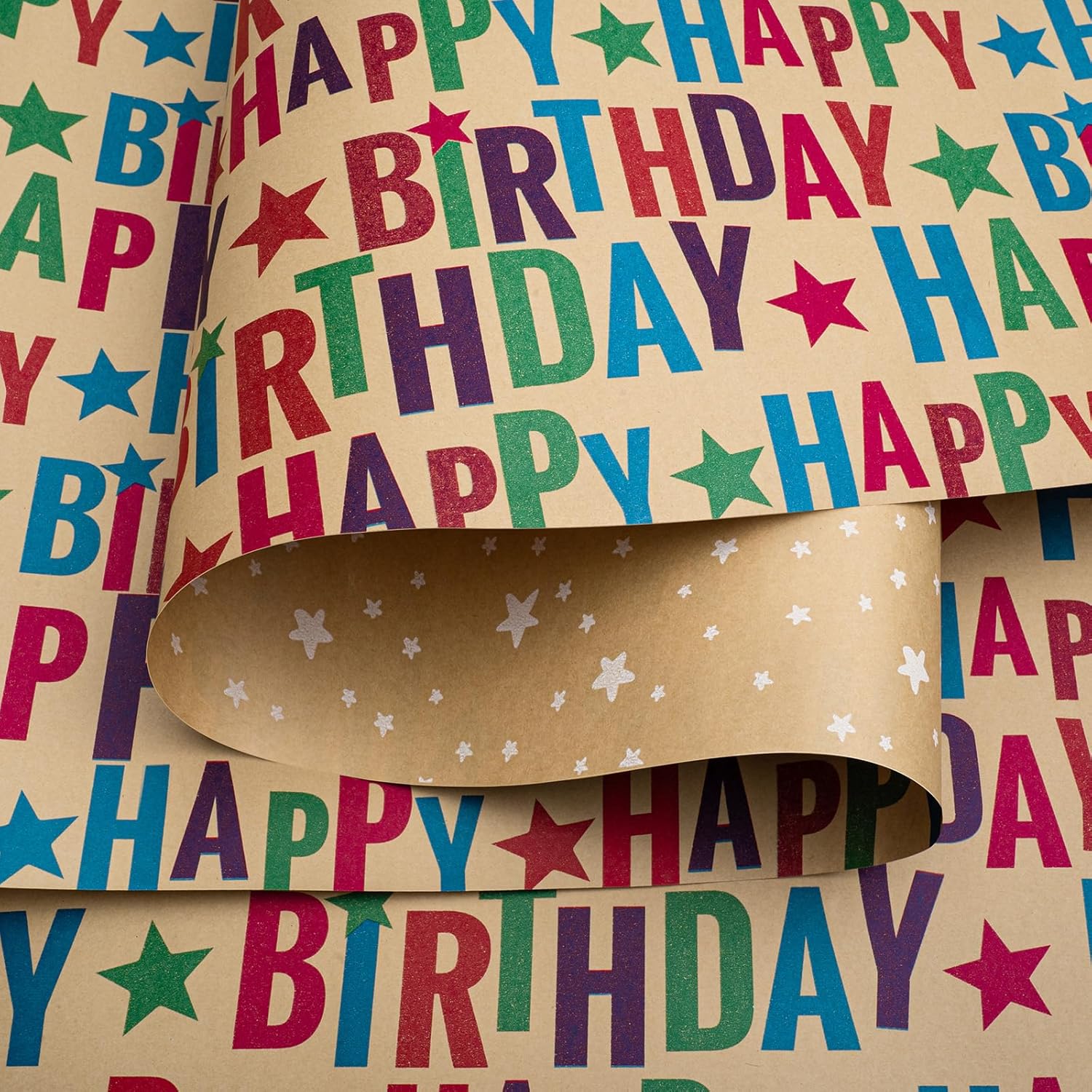 Reversible Birthday Wrapping Paper, Kraft Wrap Paper Mini Roll, Colorful Text Stars Happy Birthday Design For Holiday Party, 17.3 Inch X 32.8 Feet