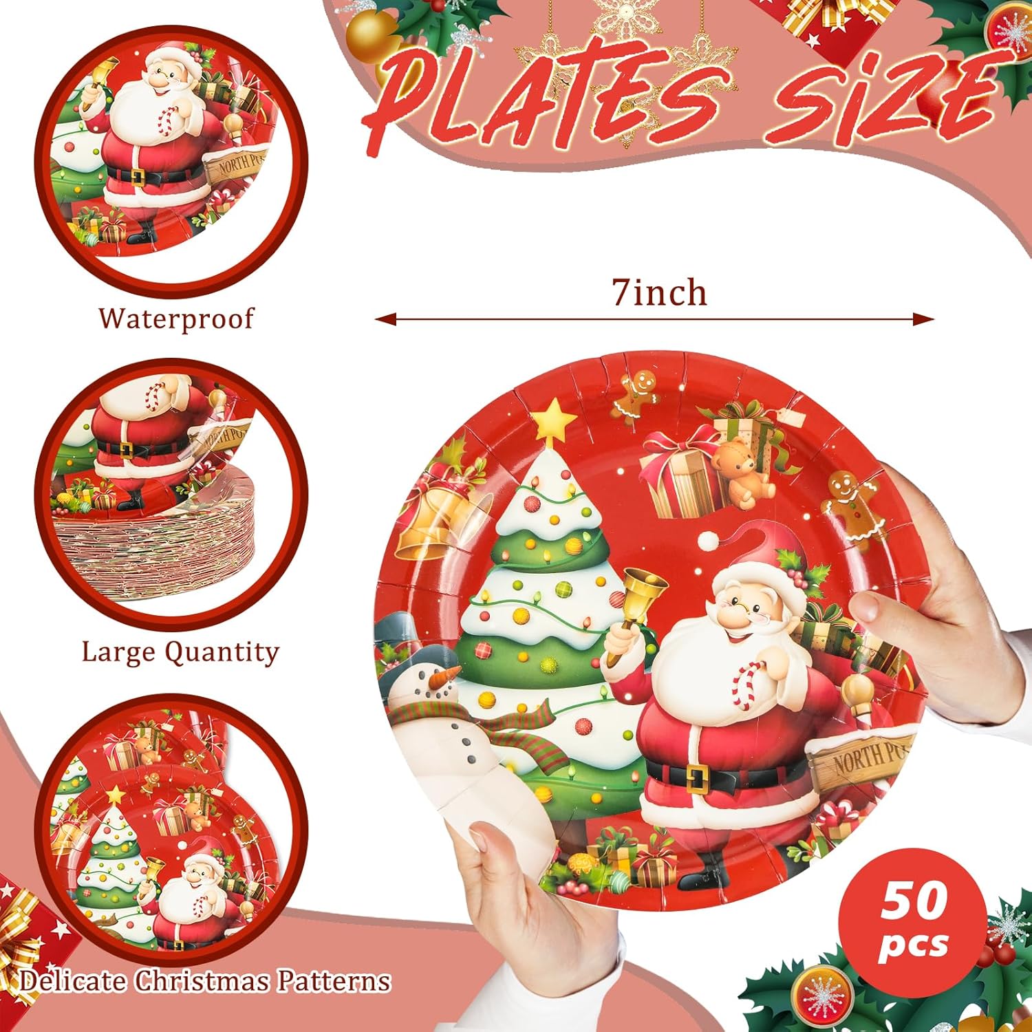 50Pcs Merry Christmas Paper Plates - 7Inch Winter Theme Dessert Plate For Cake Salad Fruit Cartoon Tableware Set Disposable Decoration Supplies For Winter, Christmas Party
