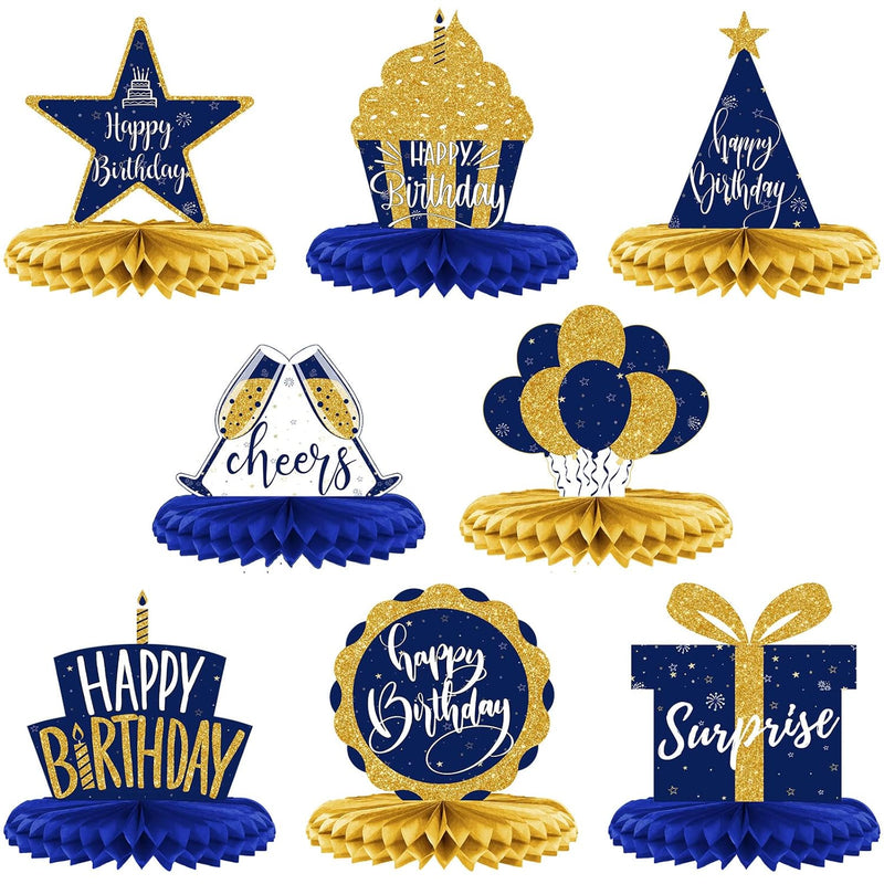 8 Pieces Birthday Centerpiece Table Decoration, Blue And Gold Happy Bi