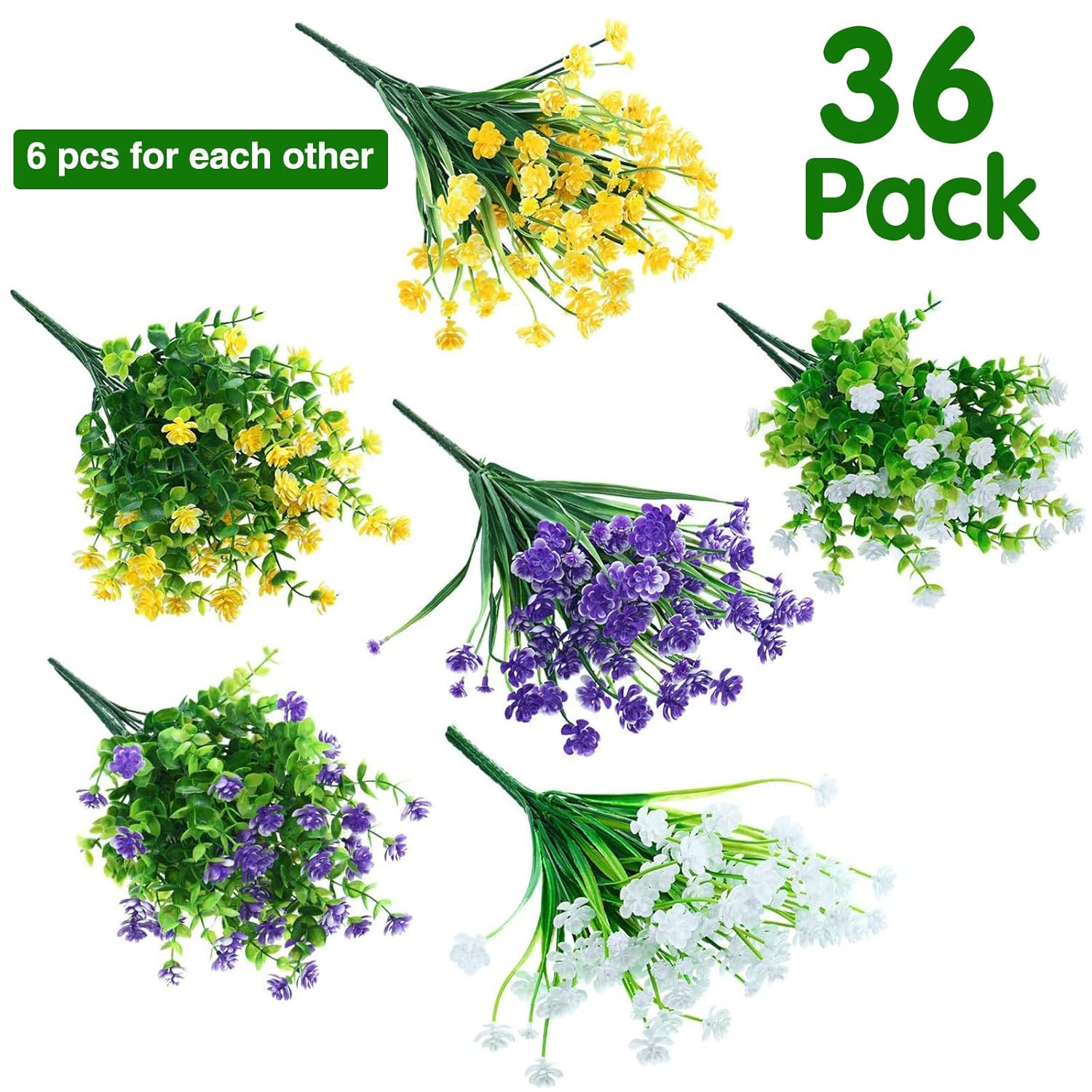 36 Bundles Artificial Flowers Outdoor, Uv Resistant Faux Artificial Plants Shrubs Flower Bulk For Hanging Planter Porch Window Home Wedding Spring Summer Decor (Yellow,Purple,White)