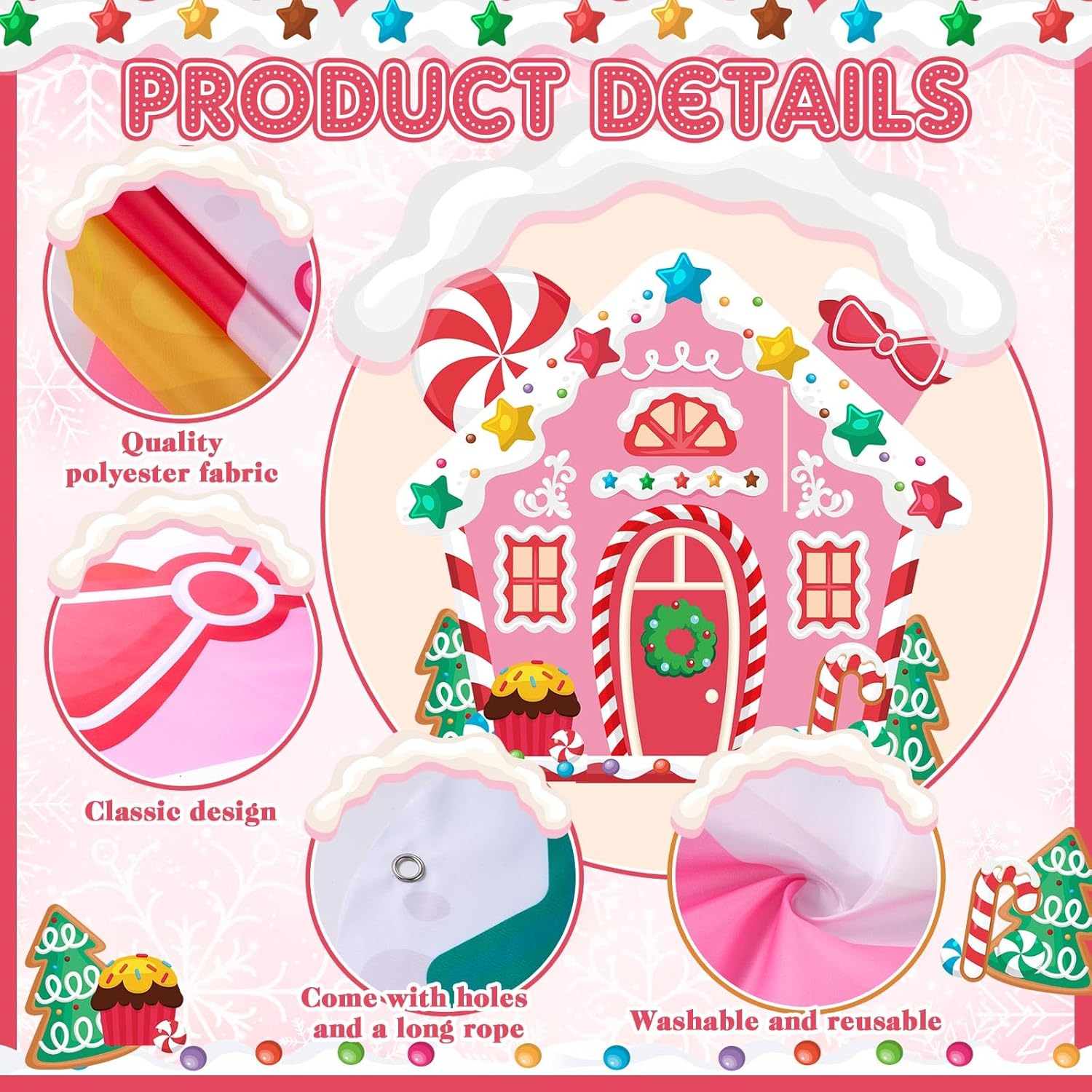 4 Pcs Christmas Gingerbread House Door Decorations Candy Cane Wreath Snowman Christmas Tree Gingerbread House Porch Banners For Holiday Classroom School Office Wall Display (Pink)
