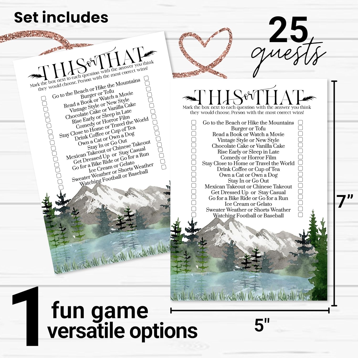 Adventure Bridal Shower Games Would She Rather - 25 Card Pack - Fun This Or That Game For Graduation Parties, Rehearsal Dinners & Birthdays - Mountain Design
