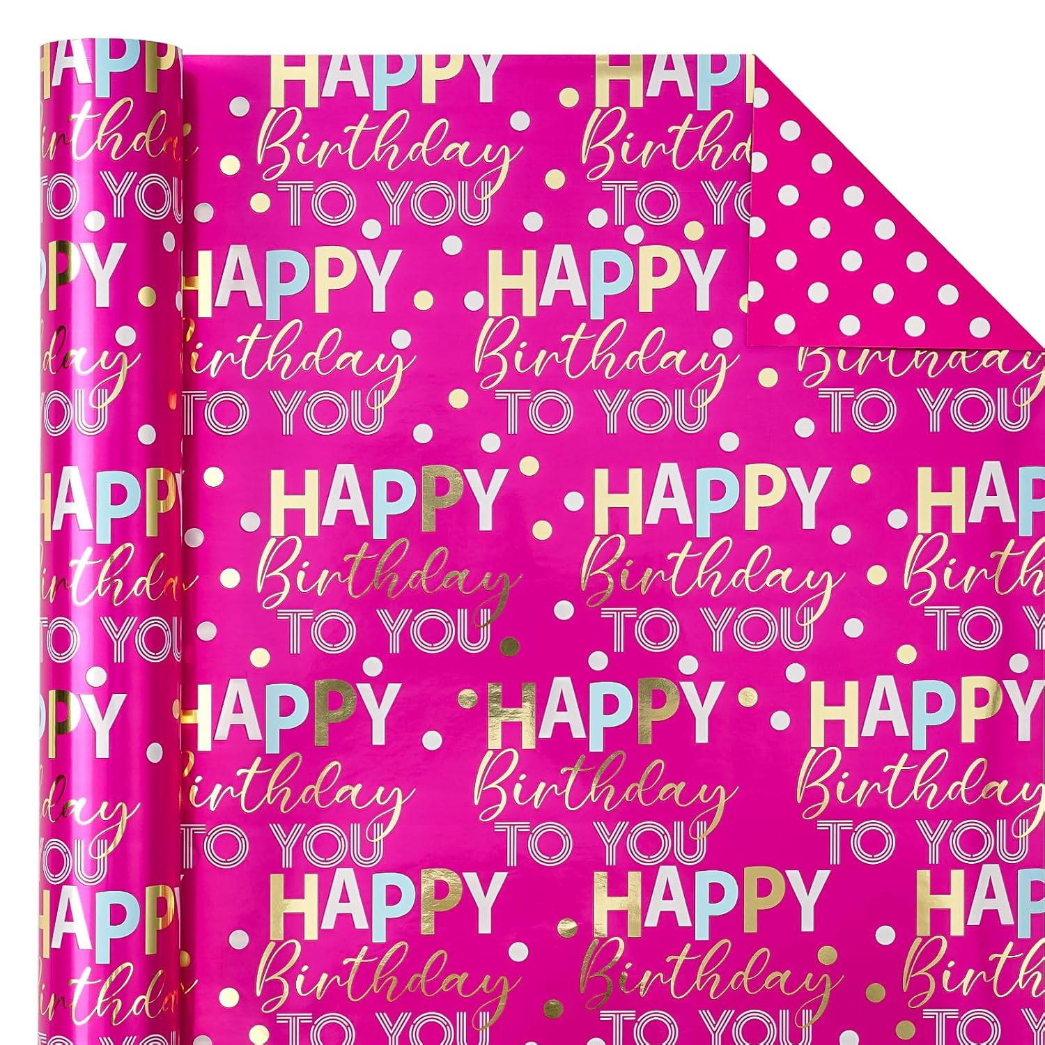 Reversible Birthday Wrapping Paper - Mini Roll - 17 Inch X 9.8 Feet - Hot Pink And Gold Foil Happy Birthday Wrapping Paper For Girls, Women, Kids, Baby Shower