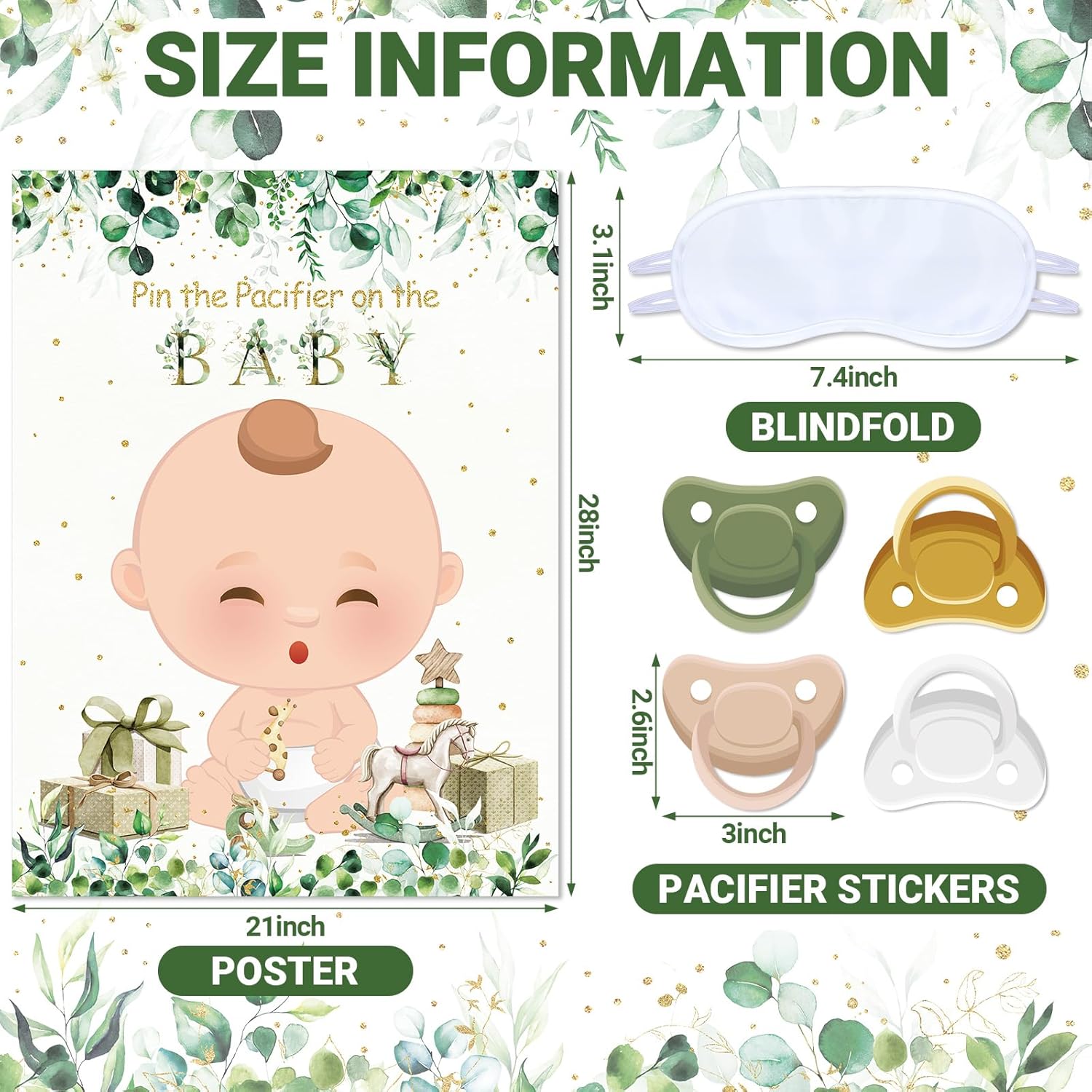 Pin The Pacifier Baby Shower Game Baby Shower Party Decorations Include Large Poster 24 Pacifier Stickers Blindfold Game Set For Birthday Party Decor Supplies(Green,Fair)