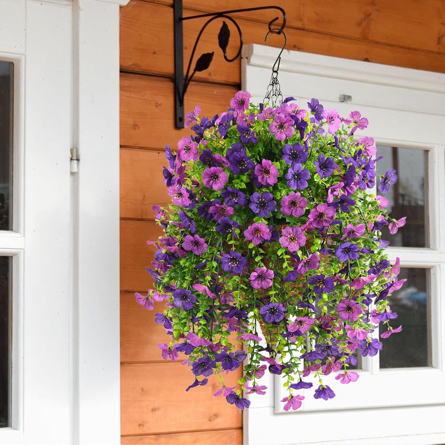 Artificial Hanging Flowers With Basket For Spring Outdoor Decoration 3 Bunches Of Silk Daisy Flower Uv Resistant For Garden Porch Patio Balcony Yard Decor (Purple1)