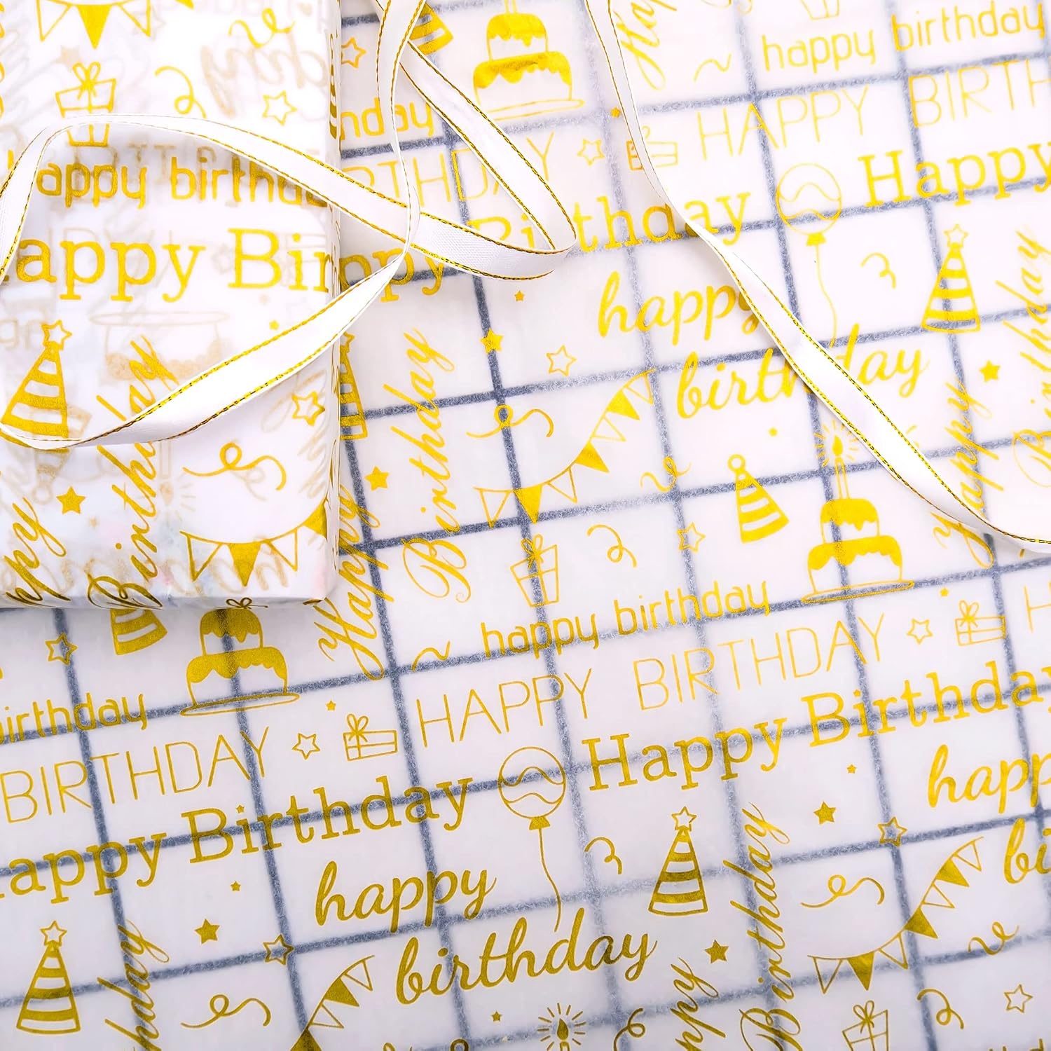 100 Sheets Gold Birthday Tissue Paper Bulk,20" X 14",White With Gold Happy Birthday Design Tissue Paper For Gift Bags,Gold Birthday Tissue Paper For Birthday Party