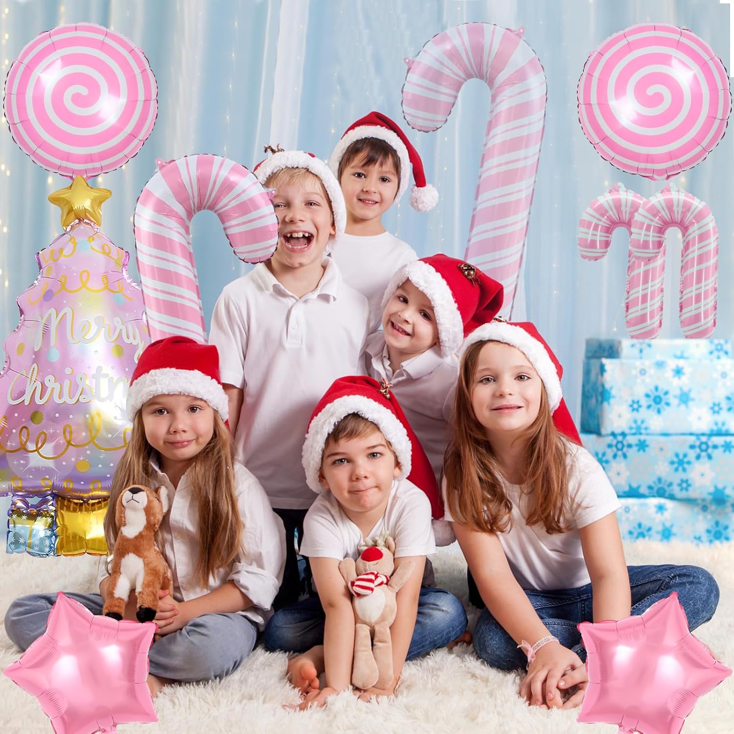 9Pcs Pink Christmas Balloons Decorations, Christmas Tree Balloon, Candy Cane Foil Balloon For Xmas Party New Year Birthday Party Supplies