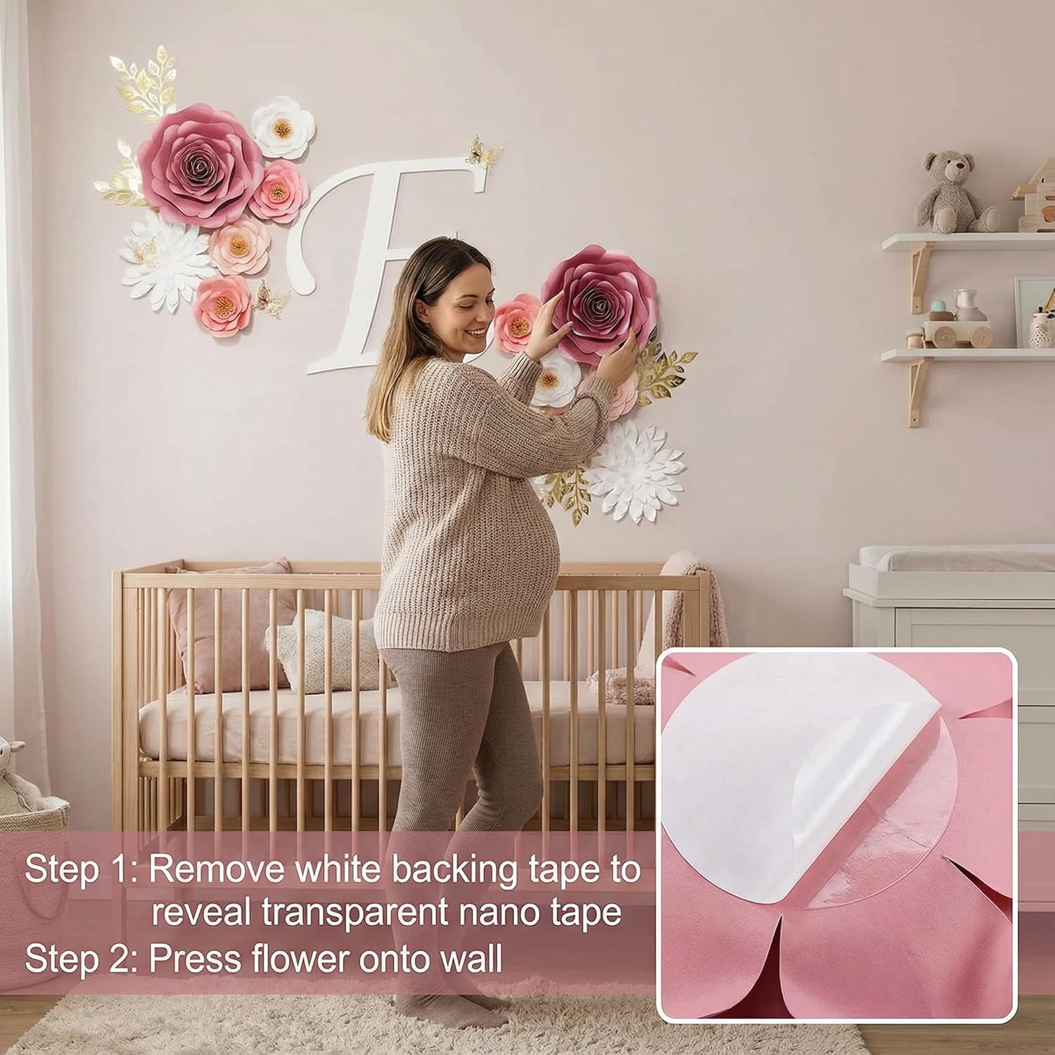 Large Paper Flowers Wall Decor For Baby Girl Nursery (Pre-Assembled) - 300Gsm Pearlized Cardstock 3D Roses With Gold Butterflies - Renter-Friendly Nano Tape & Reusable Backdrop (Pink, Set Of 6)