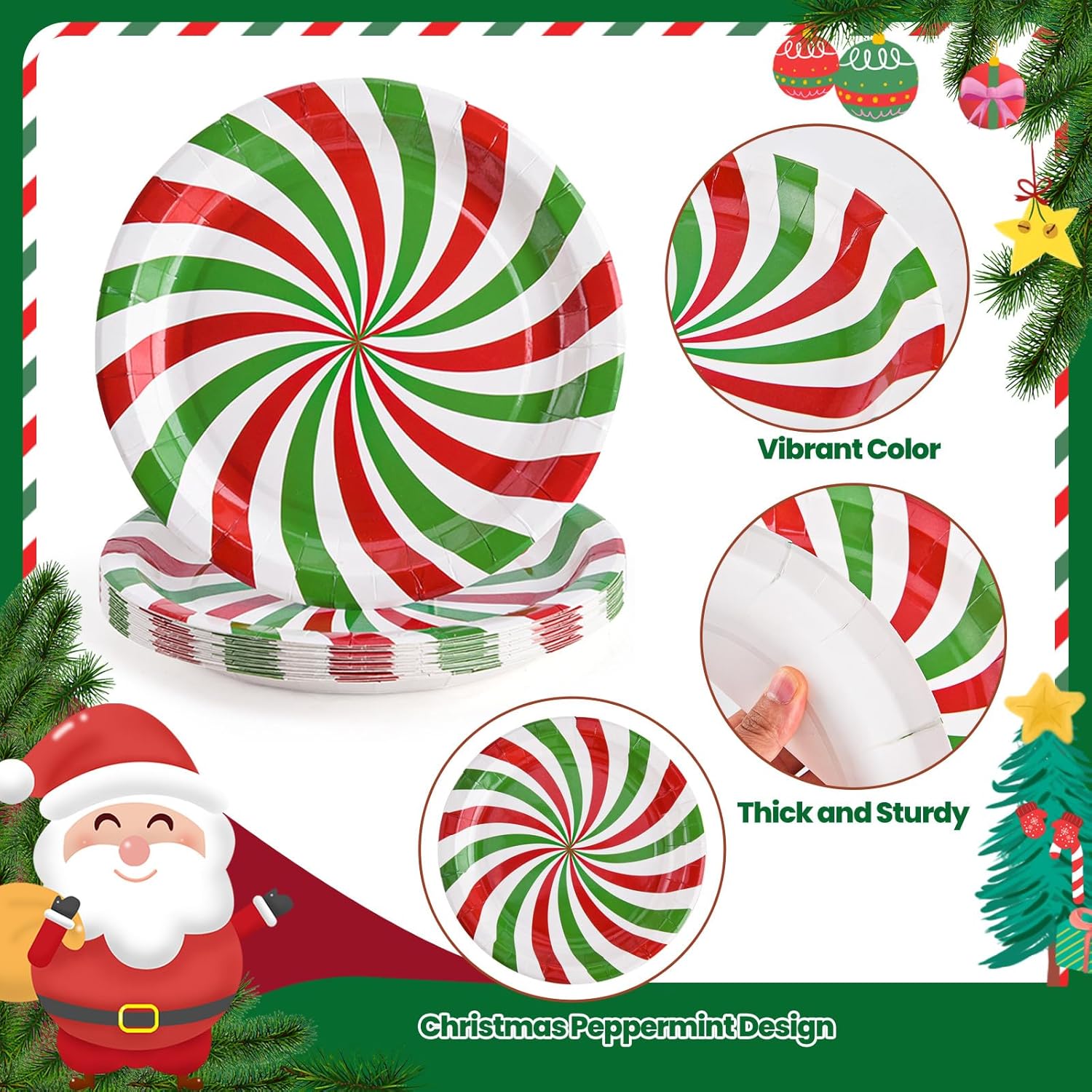 100 Pack Christmas Candy Paper Plates Peppermint Disposable Dinner Plates 9 Inch Red Green Holiday Serving Plates For Christmas Party Supplies Tableware Decoration
