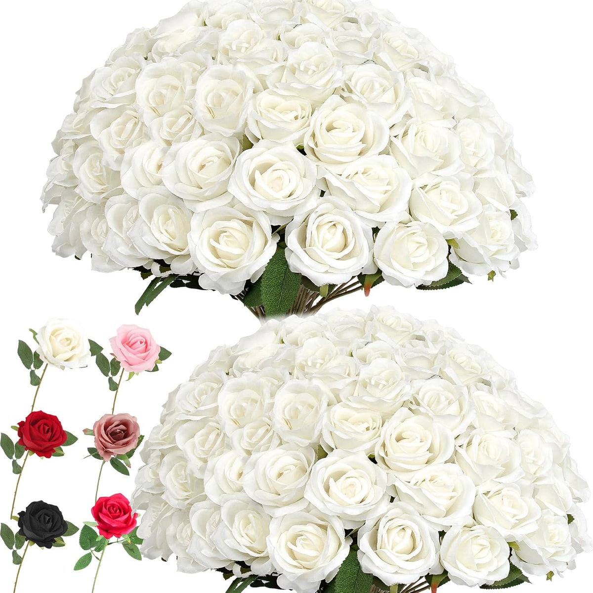 Artificial Roses Bulk White Silk Rose With Stem, 52Pcs Fake Flowers Decoration For Wedding Table Centerpieces Bridal Bouquet Home Decor