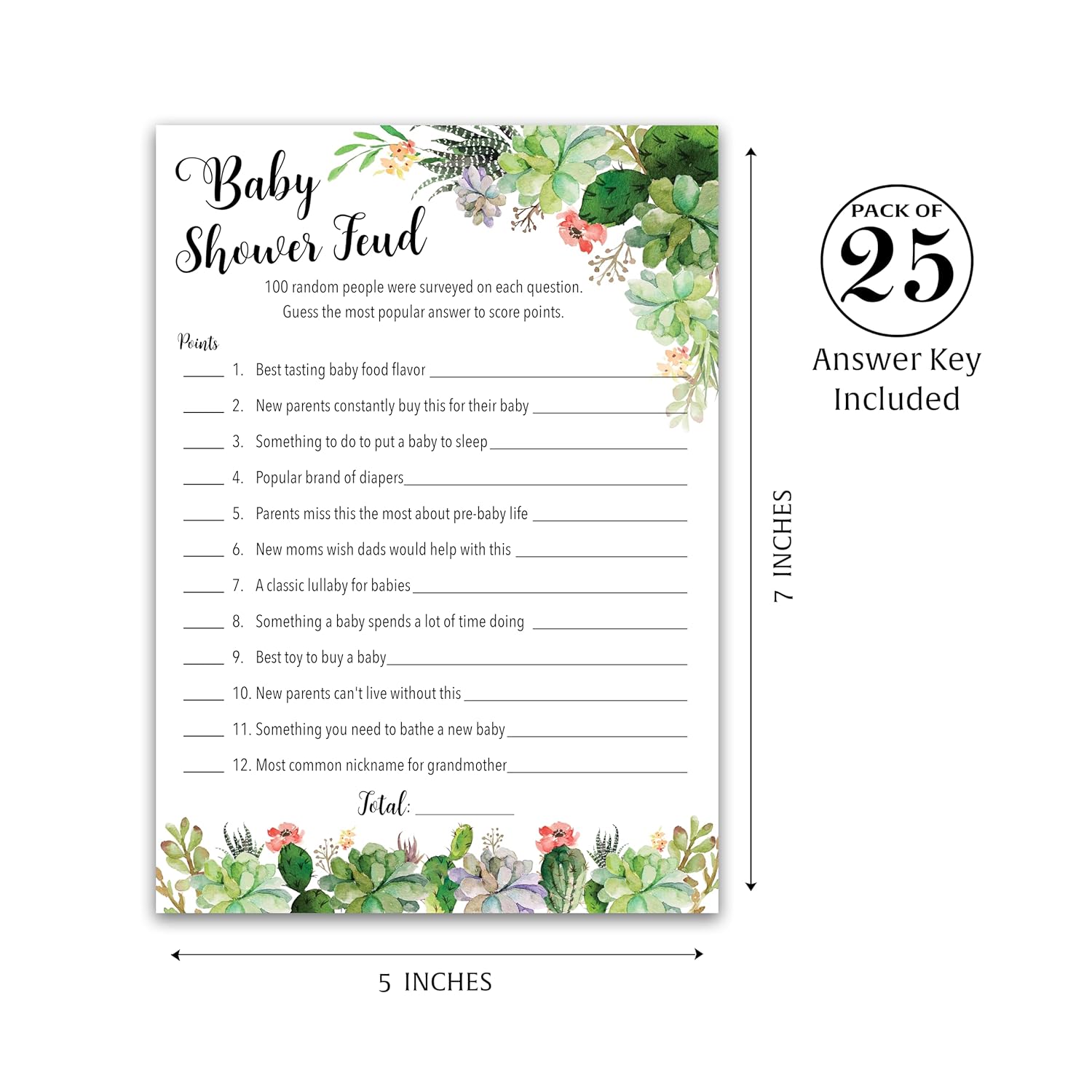 Succulents Baby Shower Feud Game — Pack Of 25 — Fun Shower Family Feud Game, Floral, Green, Succulent Trivia Couples Shower Activity, Greenery Rustic Gender Neutral Fued G300-Bsf