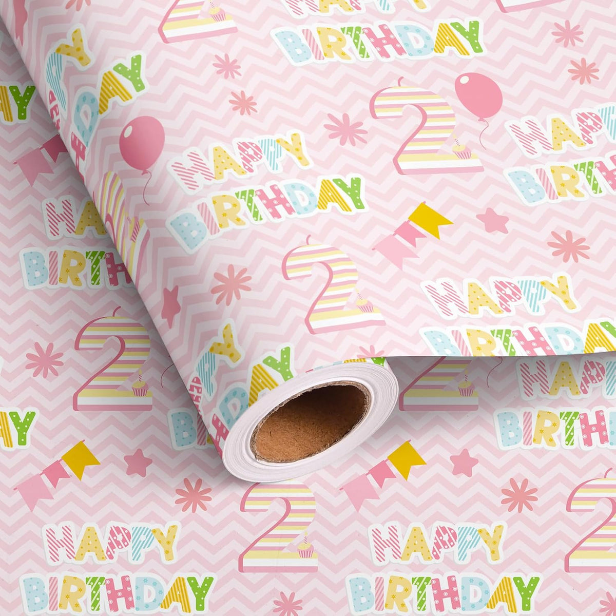 2St Birthday Wrapping Paper Roll - Pink Happy Birthday With Balloon Gift Wrap Sheets For Kids Girls Baby Shower Party Decoration Celebration Total 28.5Sq.Ft