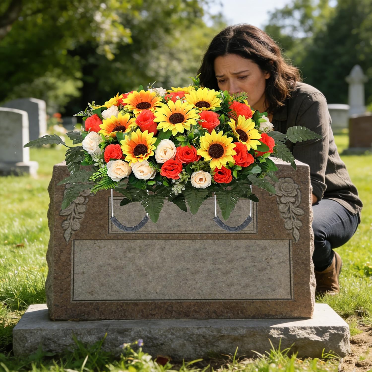 Artificial Cemetery Flowers Saddle-Shaped Tombstone Decorations,Large Headstone Flower Saddle,Rose Sunflower Memorial Flowers (Yellow Beige)