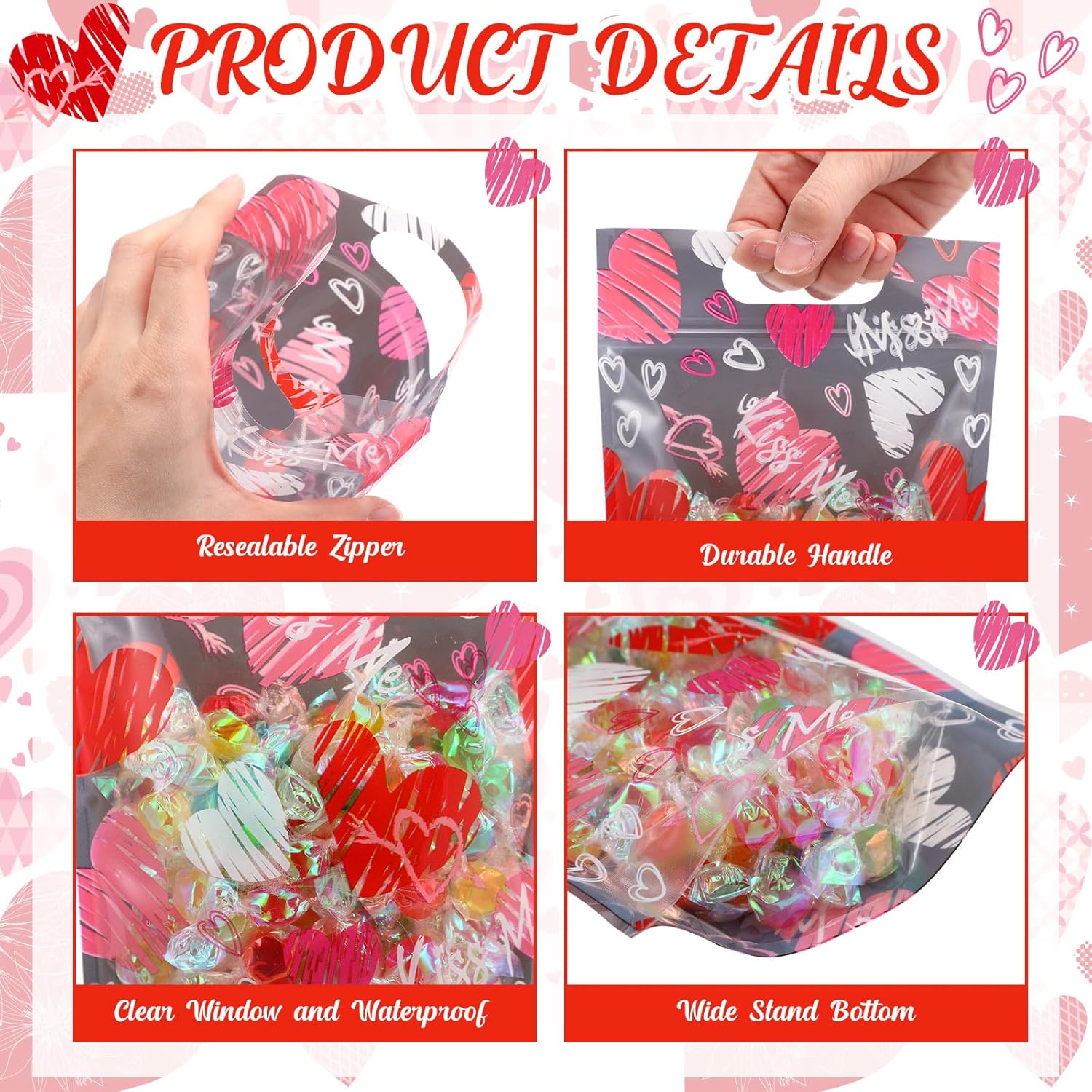60 Pcs Valentine'S Day Sealing Candy Bags With Zipper Love Heart Treat Goodie Bag Valentines Sealing Pouches With Handles Plastic For Valentines Party Favor Classroom Exchange Prizes Supplies