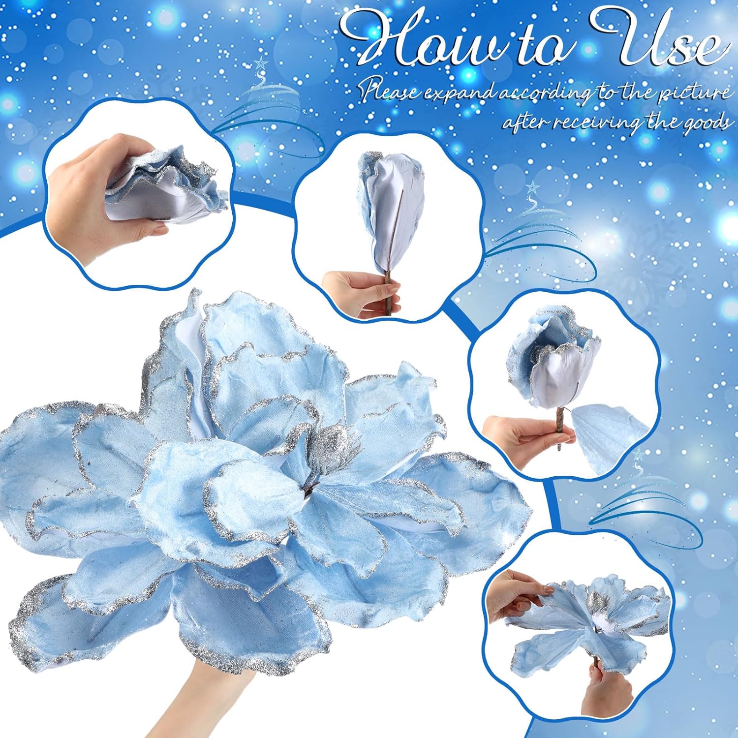 6 Pcs Large Christmas Glitter Flowers Velvet Christmas Magnolia Flowers 10 Inch Large Heads Artificial Poinsettia Picks Stems For Xmas Tree Ornaments Holiday Wedding Party Decor(Grayish Blue)