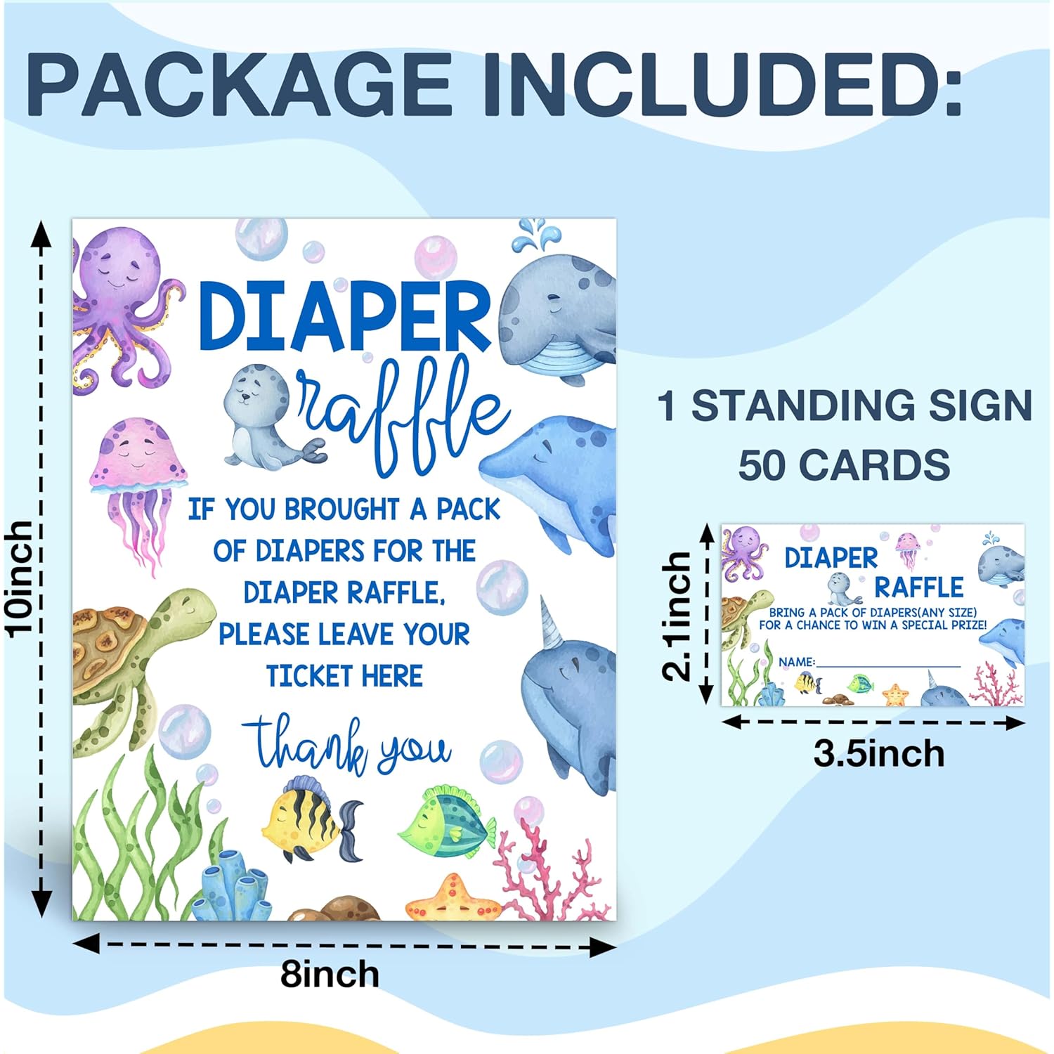 Under The Sea Diaper Raffle Tickets With Sign - Ocean Animals Baby Shower Game Card Set-1 Sign And 50 Tickets For Baby Shower Party Supplies - F02