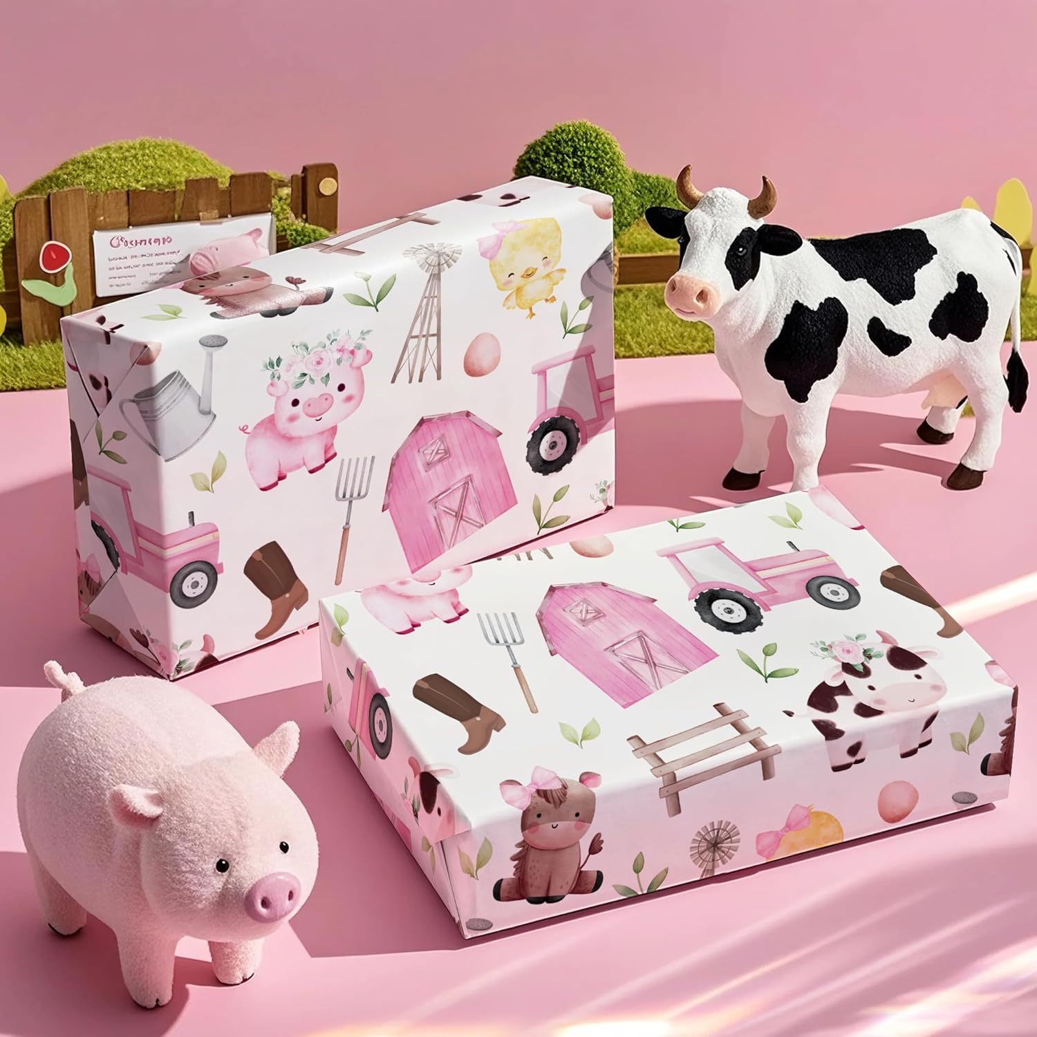 Farm Animal Wrapping Paper - Mini Roll - 17 Inch X 16.5 Feet - Pink Barnyard Cow Birthday Wrapping Paper Perfect For Kids Girls Boys Birthday, Baby Shower