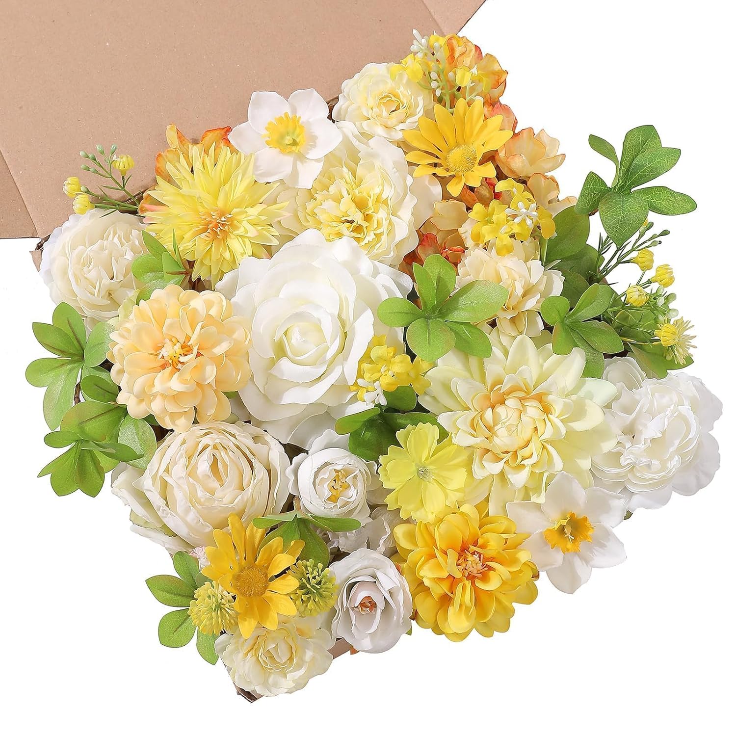 Artificial Flowers Combo Box Set White Yellow Roses Dahlia Fake Silk Flowers With Stems For Diy Wedding Bridal Bouquets,Floral Arrangement,Table Centerpieces,Baby Shower,Home Decorations