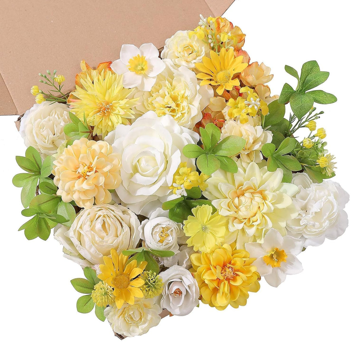 Artificial Flowers Combo Box Set White Yellow Roses Dahlia Fake Silk Flowers With Stems For Diy Wedding Bridal Bouquets,Floral Arrangement,Table Centerpieces,Baby Shower,Home Decorations