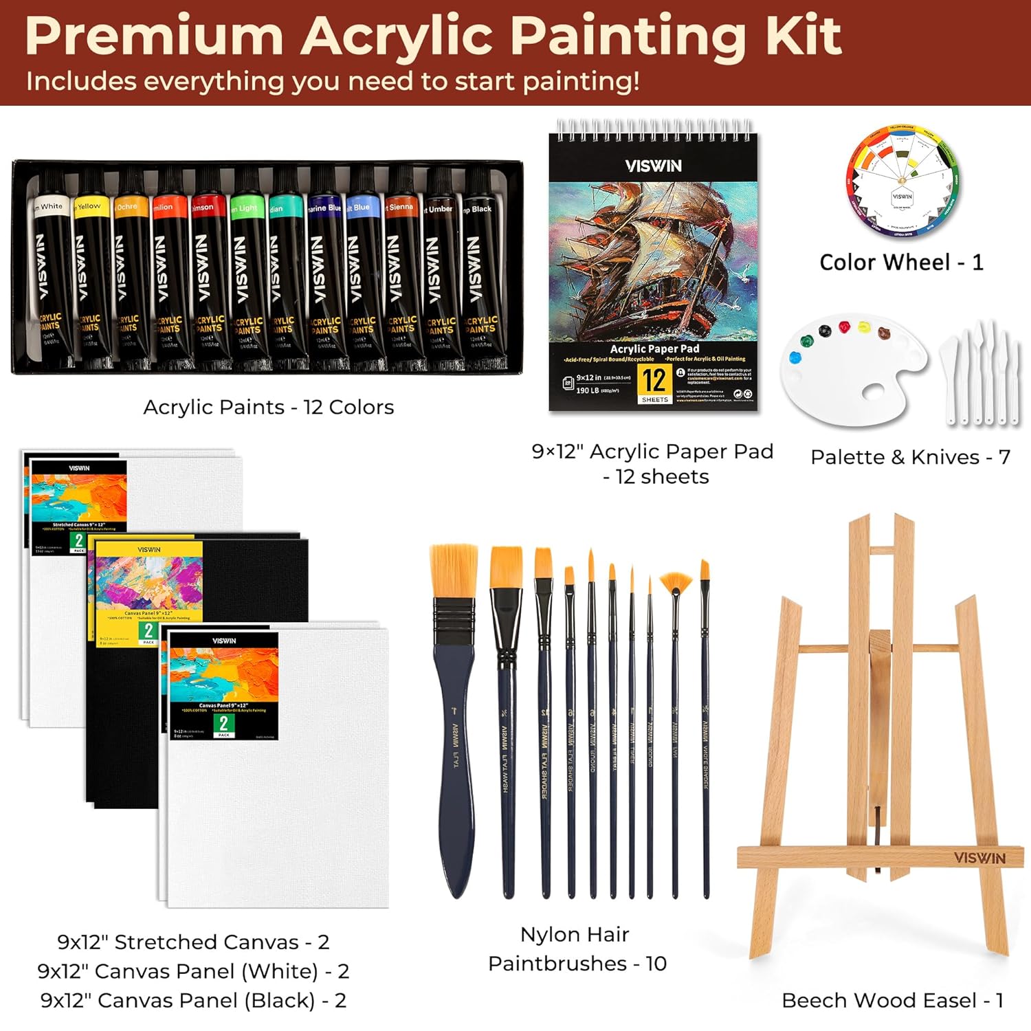 51 Pcs Acrylic Paint Set With Tabletop Easel, Painting Kit With 12 Acrylic Paints, Canvases, Brushes, Palette, Paper Pad, Art Supplies, Ideal Gift For Adults, Kids, Artists, Students