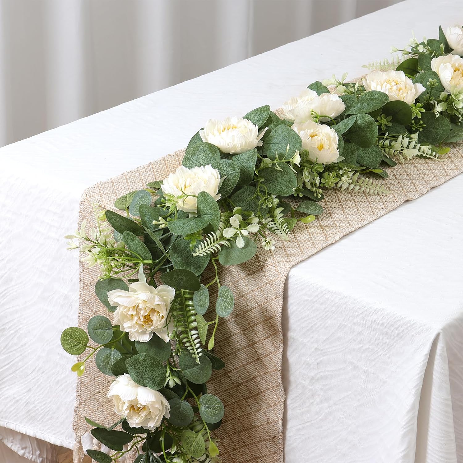 2Pcs 6.56Ft Artificial Eucalyptus Garlands With Flowers, Faux Floral Greenery Garlands White Peony Flower Garland Fake Vines For Wedding Arch Table Runner Party Ceremony Backdrop Decor