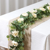 2Pcs 6.56Ft Artificial Eucalyptus Garlands With Flowers, Faux Floral Greenery Garlands White Peony Flower Garland Fake Vines For Wedding Arch Table Runner Party Ceremony Backdrop Decor