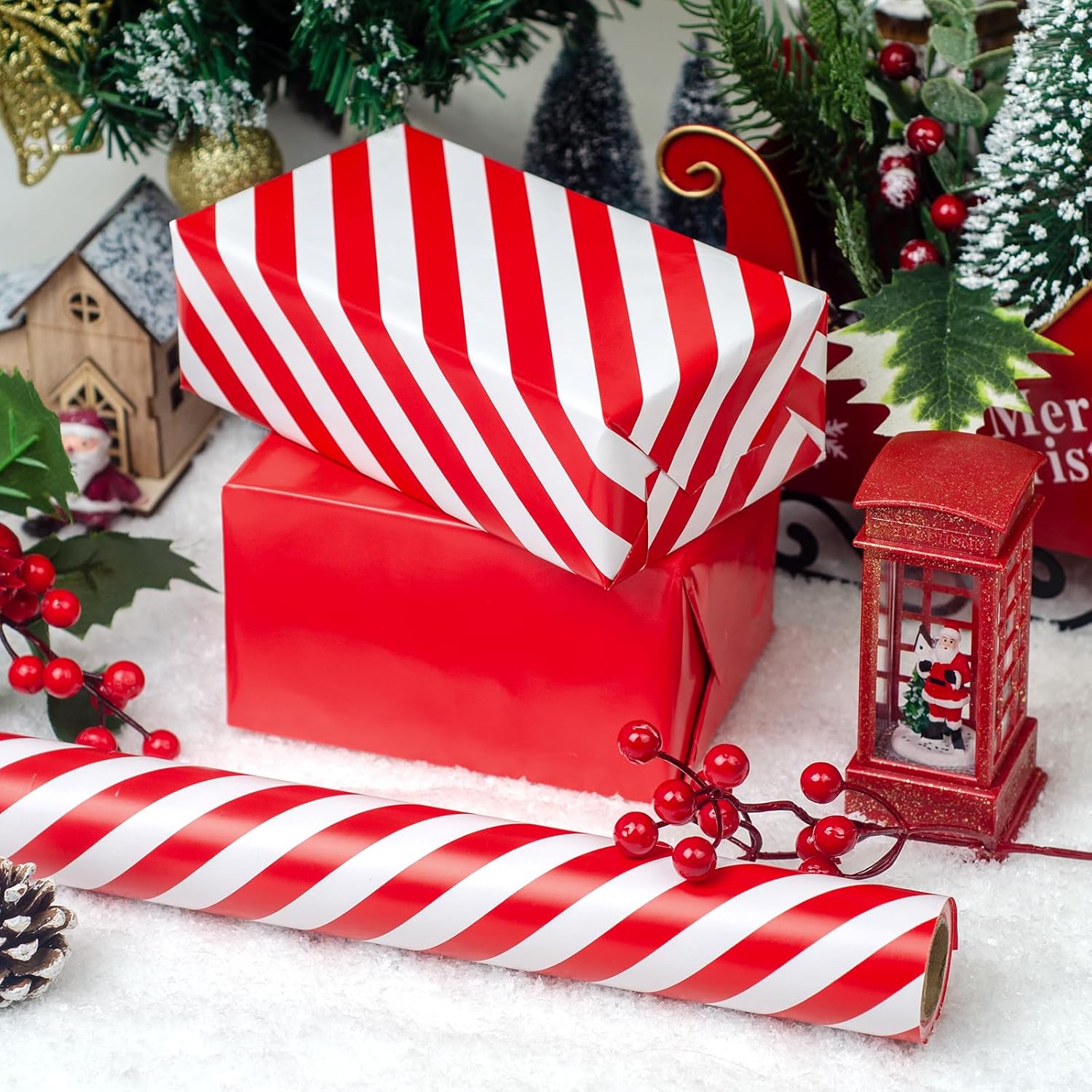 Mini Wrapping Paper Roll - Reversible Design (17" X 120") - Red Stripes For Christmas, Birhtday, Wedding