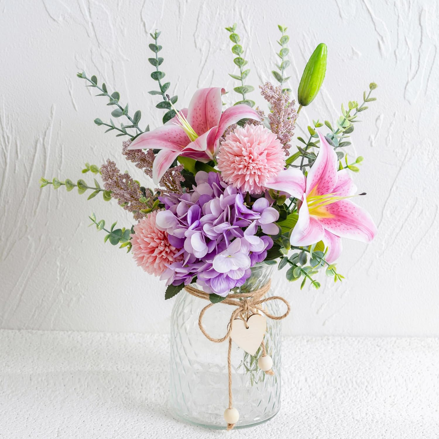 Faux Flowers With Vase, Artificial Silk Flowers In Vase, Fake Pink Lily,Purple Hydrangea And Dandelion Flower, Arrangement For Home Spring Decor Dining Table Centerpiece Decorations Coffee Table Decor