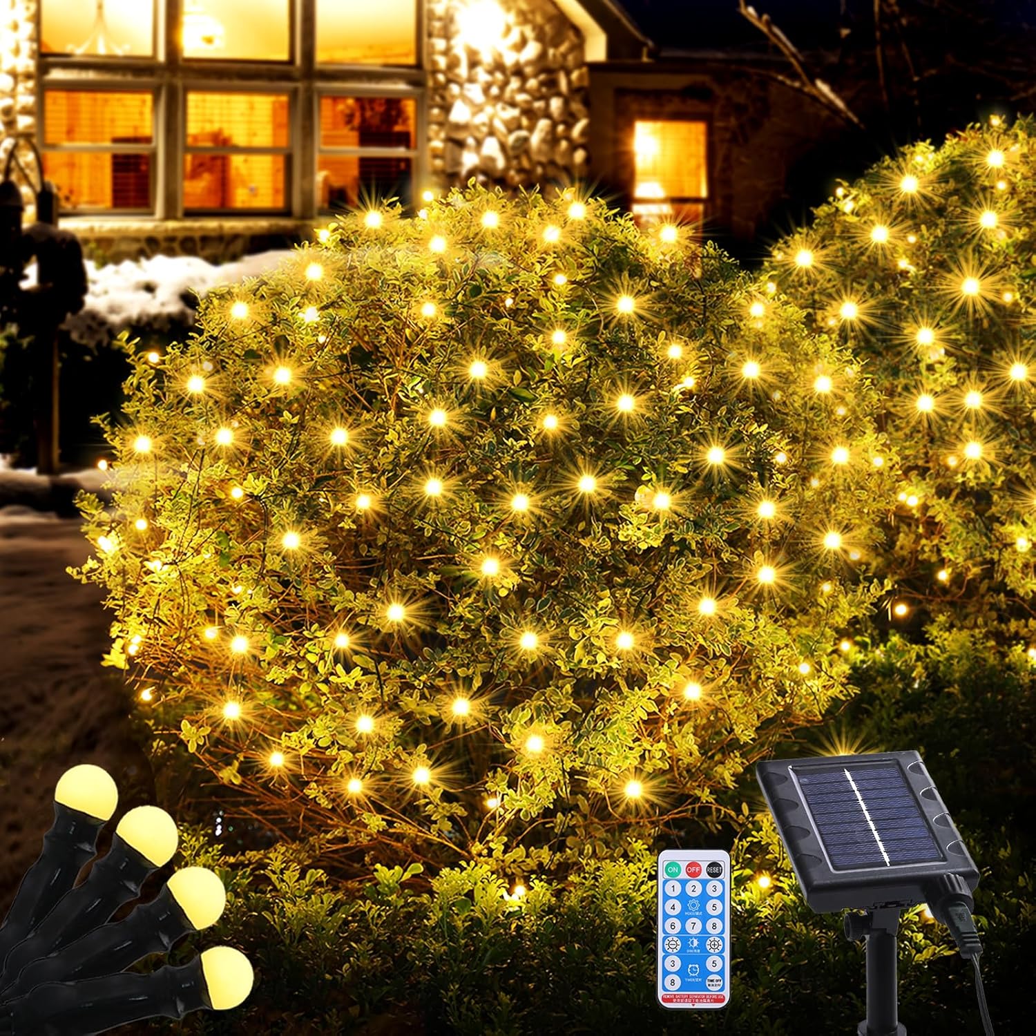 Solar Christmas Lights Outdoor Waterproof, 100Led 5Ftx5Ft 8 Modes With Remote Connectable Net Christmas Lights For Bushe