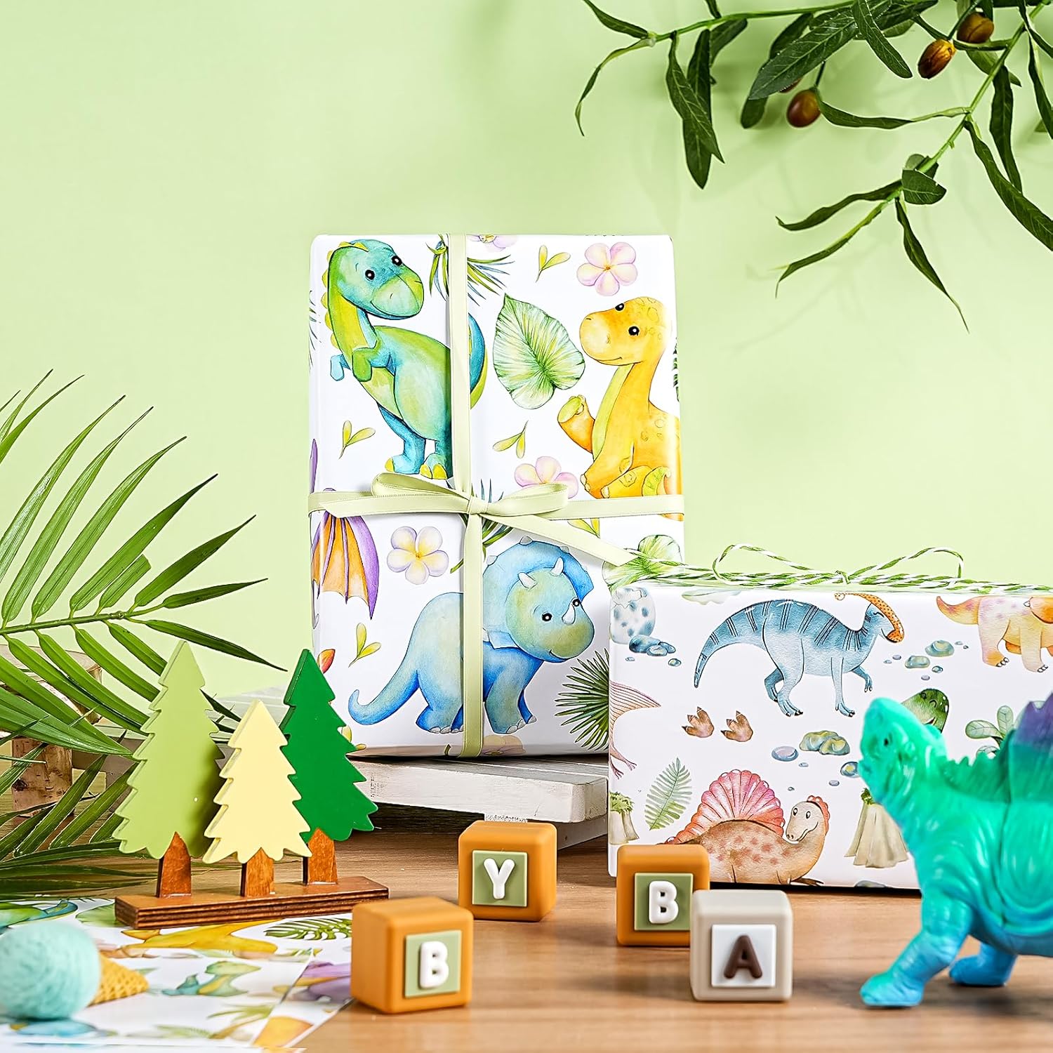 Dinosaur Baby Shower Wrapping Paper Sheet - 8 Sheets Watercolor Dinosaur Wrapping Paper Folded Flat For For Baby Shower, Boys Birthday, Baptism Gift Wrap - 19.7 Inch X 27.5 Inch Per Sheet