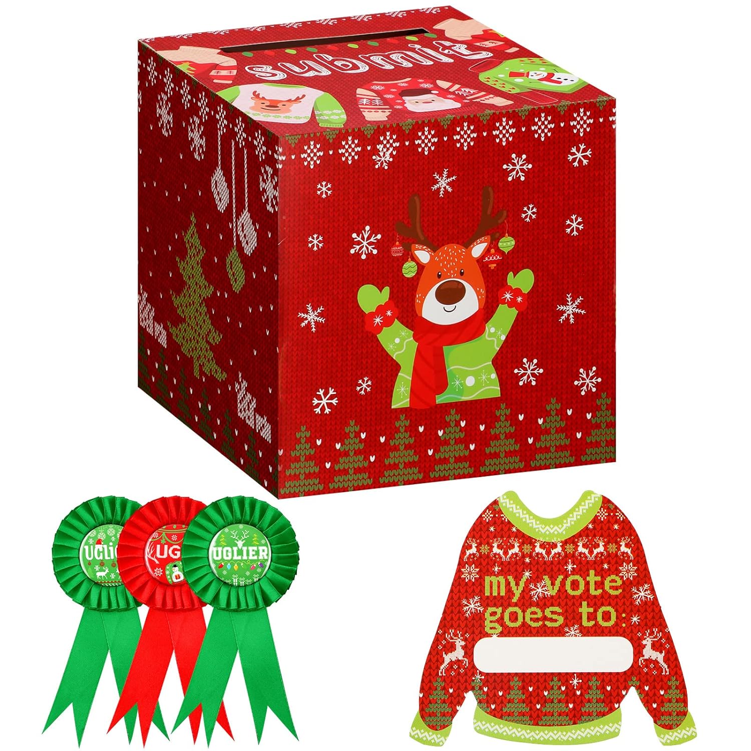 67 Pcs Christmas Ugly Sweater Game Sets With Ugly Sweater Contest Ballot Box, 60 Voting Cards, 3 Games Award Sashes, 3 Xmas Party Award Medal Badges For Christmas Holiday Party Decorations