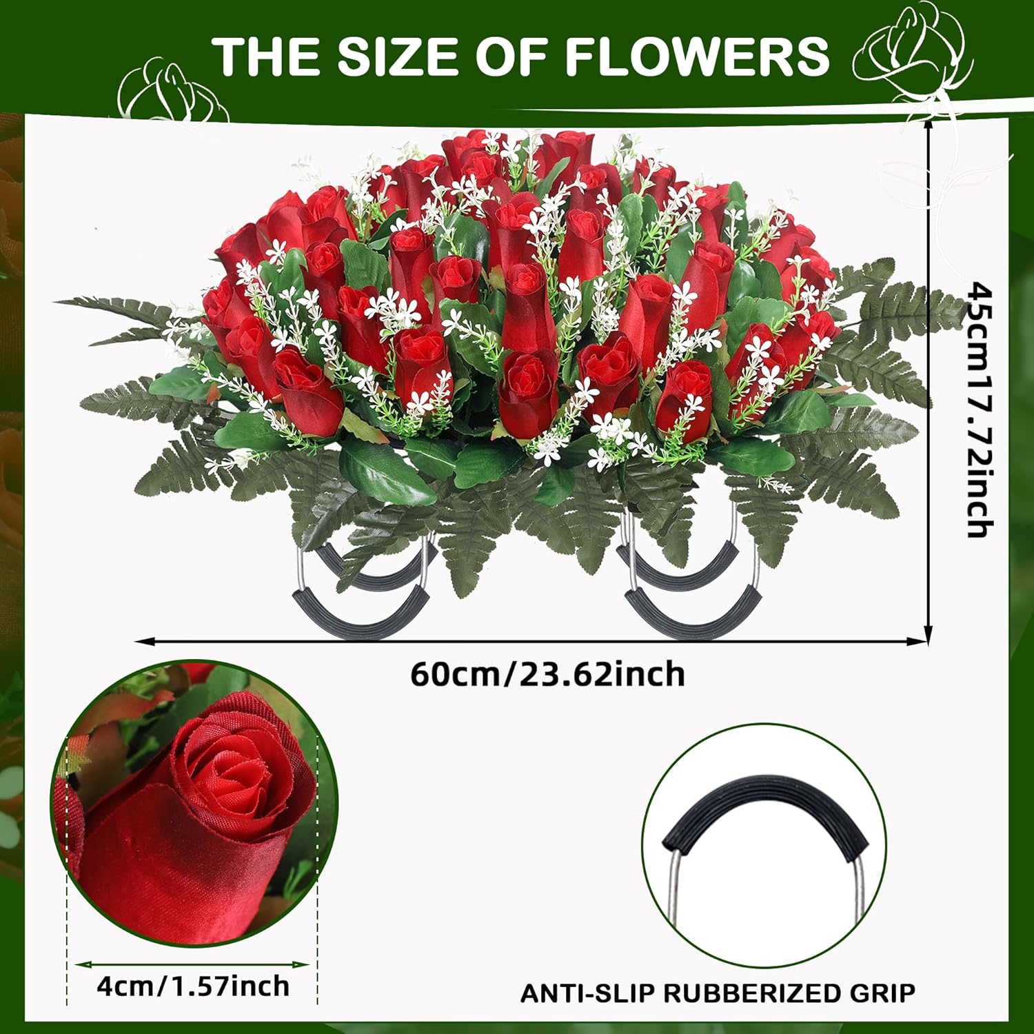 Artificial Cemetery Flowers For Grave,Headstone Flower Saddle For Grave Tombstone Decorations (Red)