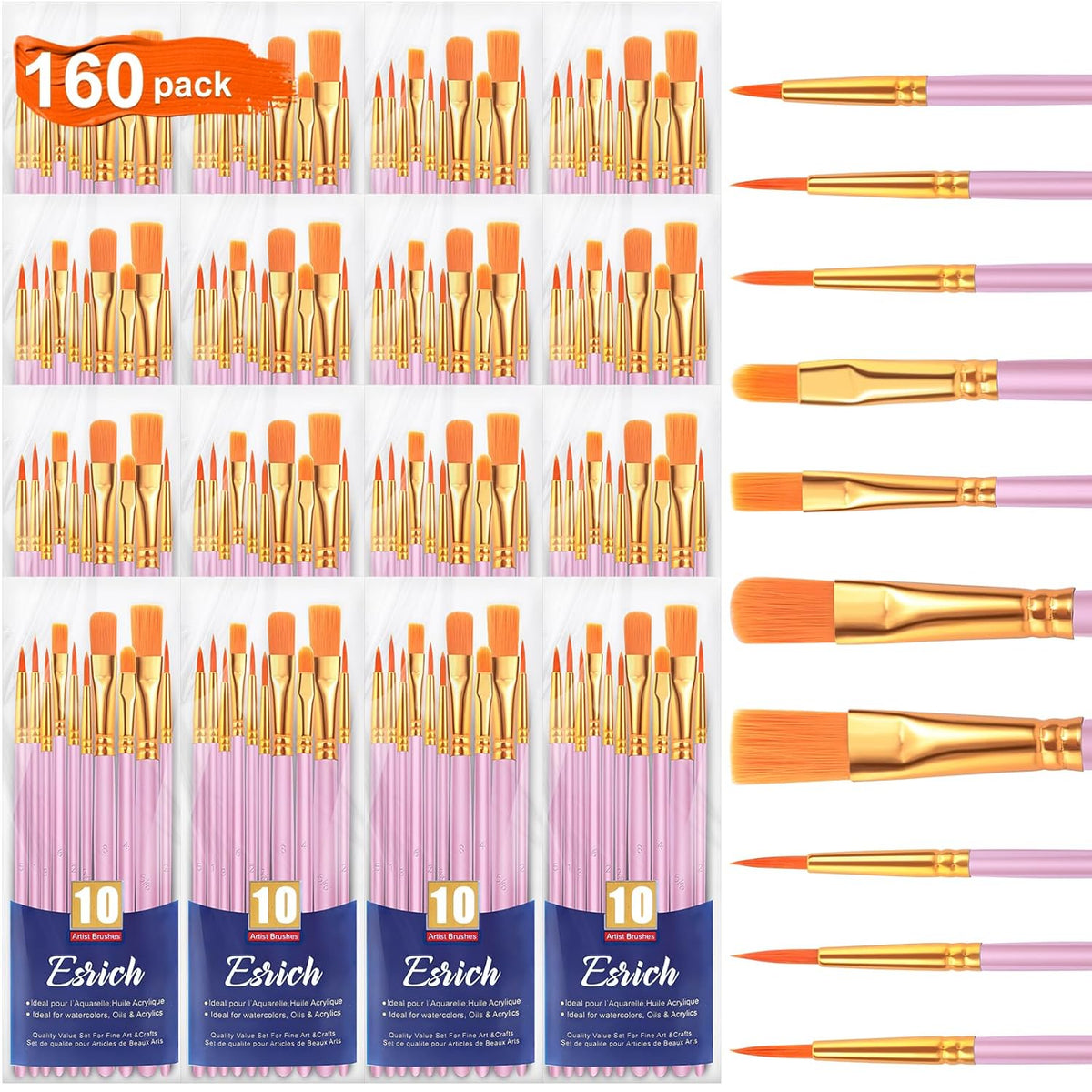 Acrylic Paint Brushes Set, 16 Packs/160 Pcs, Pink, Suitable For Acrylic, Oil, Watercolor,Rock Body Face Nail Art,Perfect Suit Of Art Painting, Best Gift For Kids Adult Drawing