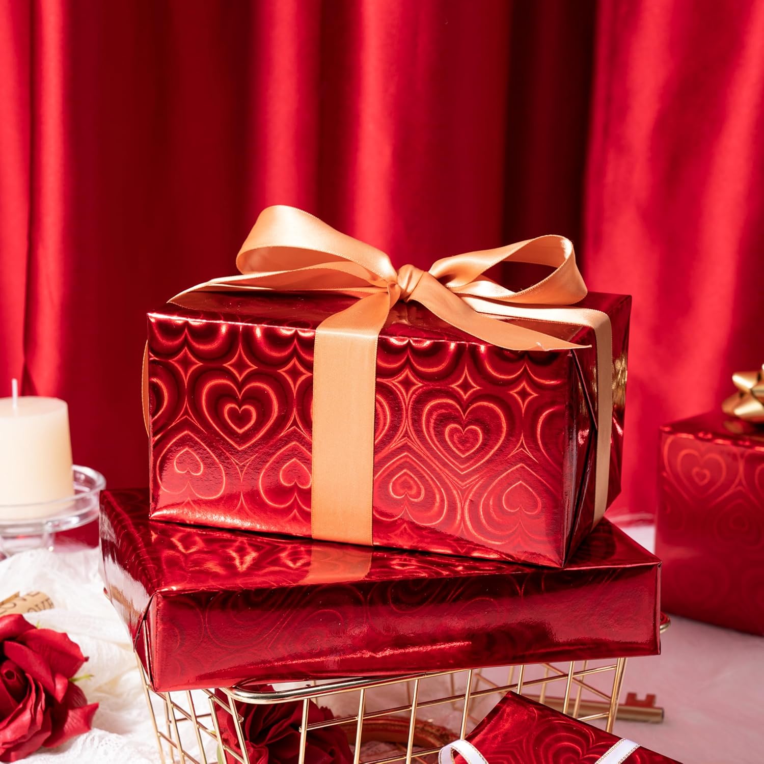 Red Holographic Heart Wrapping Paper Roll, Shiny Heart Metallic Foil For Valentines, Christmas, Wedding, Anniversary, Birthday & New Year Celebrations, Mini Roll 17 In X 32.8 Ft