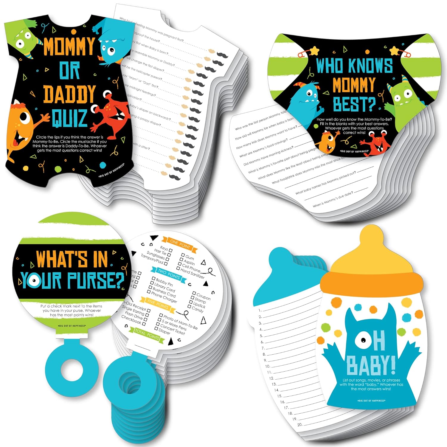 Big Dot of Happiness Monster Bash - 4 Little Monster Baby Shower Games - 10 Cards Each - Gamerific Bundle