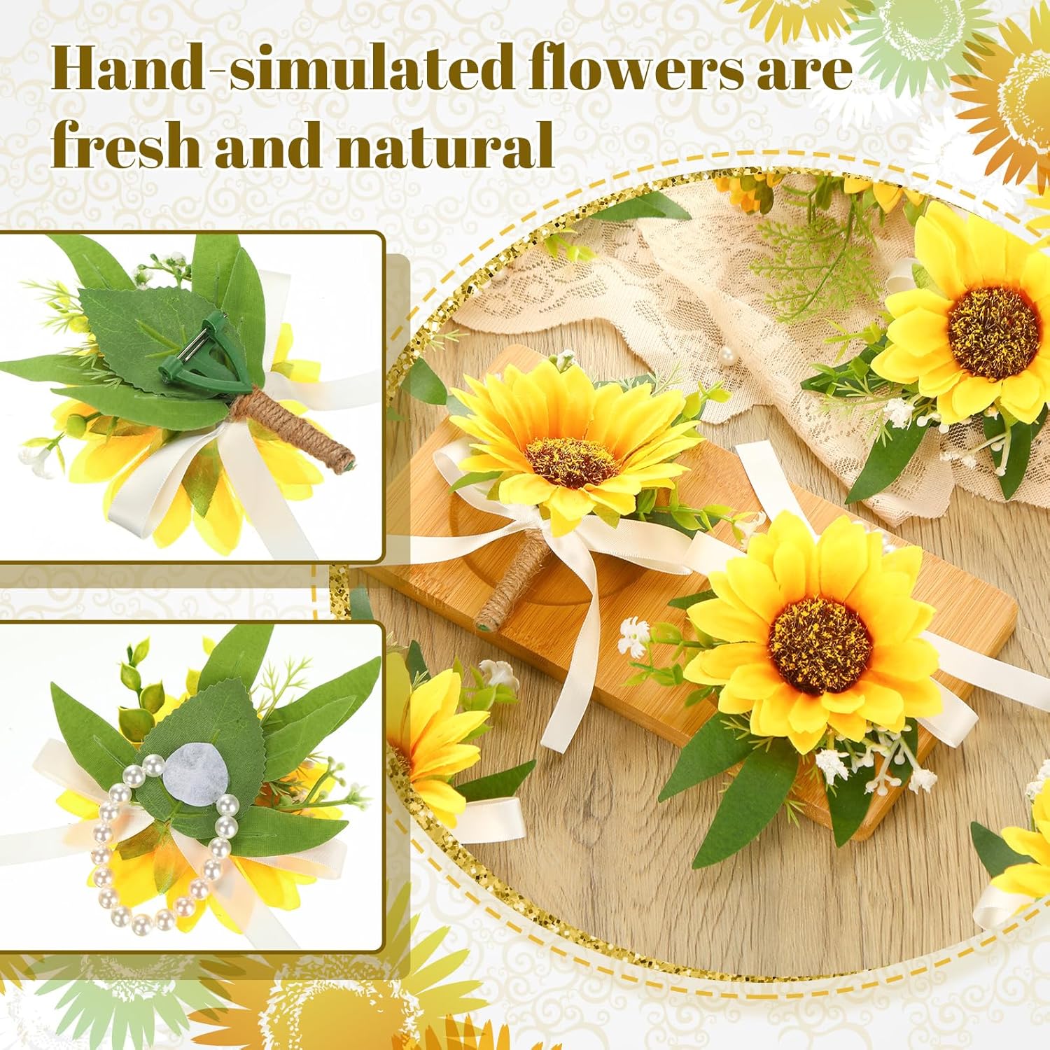 20 Pcs Sunflower Wrist Corsage And Boutonniere Set Including 10 Artificial Sunflower Boutonniere 10 Sunflower Corsage Wrist Flower For Prom Wedding Men Women Bride Groom Bridesmaid Formal Party