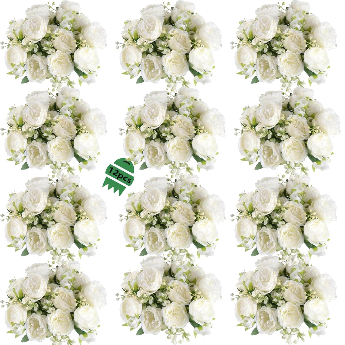 12 Bundles Peonies Artificial White Flowers Bouquet, Lifelike Silk Fake Peonies With Stems For Home Table Centerpieces, Wedding, Party & Diy Bridal Floral Arrangements (White)