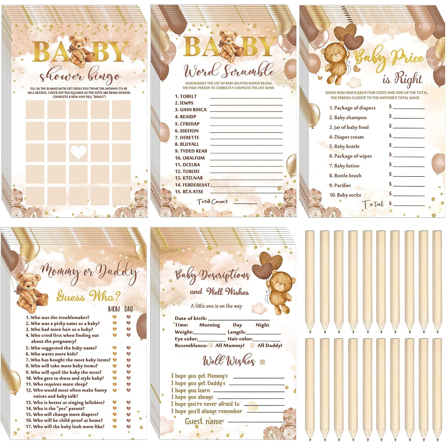 145 Pcs Bear Baby Shower Games Gender Reveal Decoration Set Include 125 Bingo Cards 20 Pencils For 25 Guests For Girl Boy Brown Baby Shower Gender Neutral Party Favor Supplies, 5 Styles