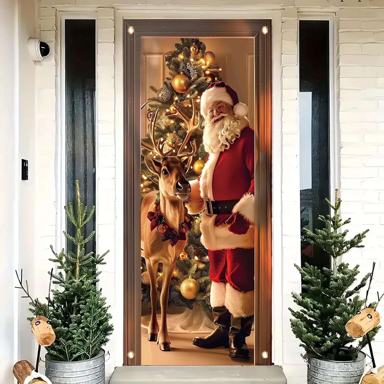 Christmas Door Cover Santa And Reindeer Banner 71 X 35 Inch Gold Ornament Tree Backdrop Holiday Decoration For Front Door Winter Party Wall Hanging Merry Xmas Entryway Photo Prop
