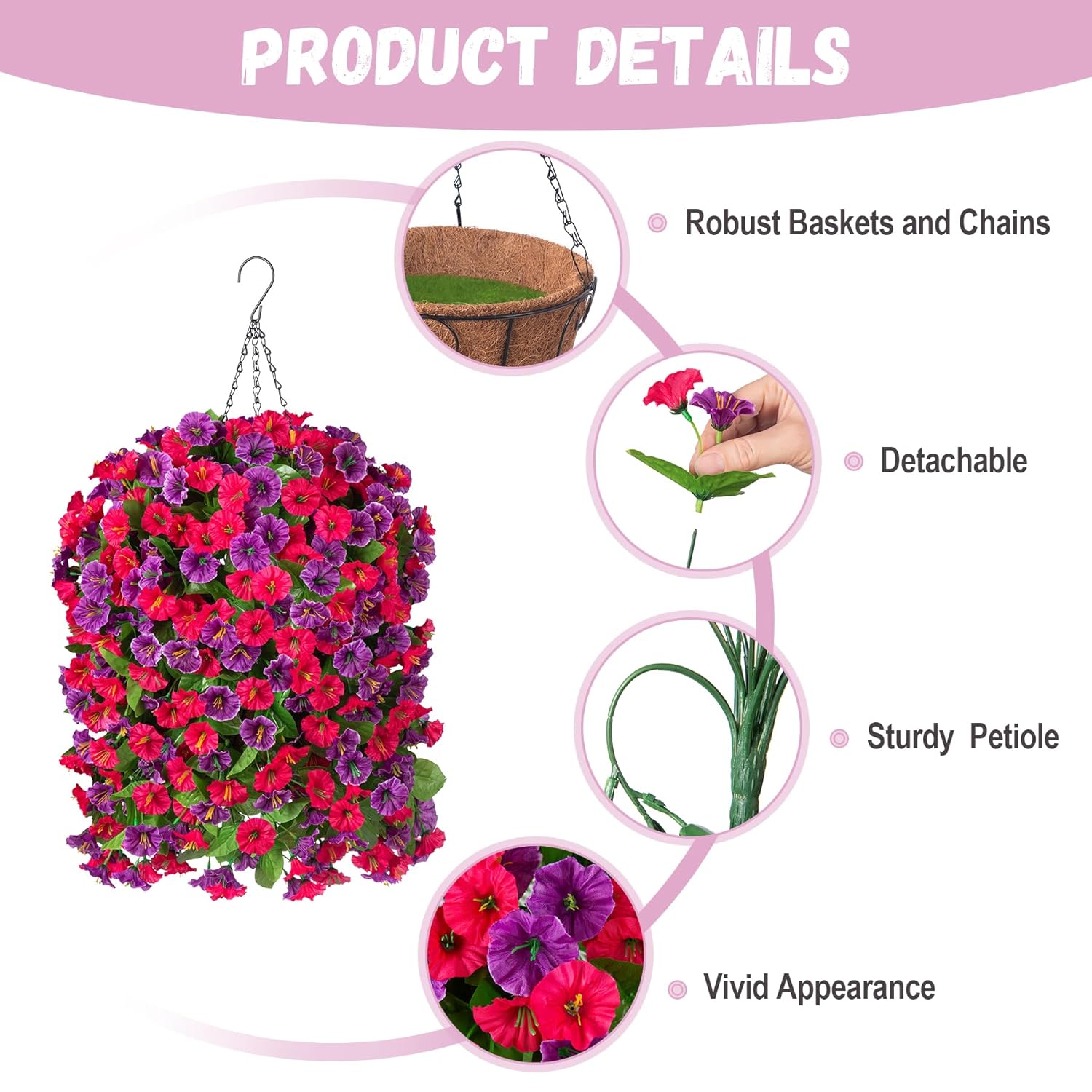 Artificial Flowers With Hanging Basket, Outdoor Faux Plants Silk Morning Glory Vines, Fake Green Arrangement For Garden Patio Spring Summer Decor(Hot Pink Purple)