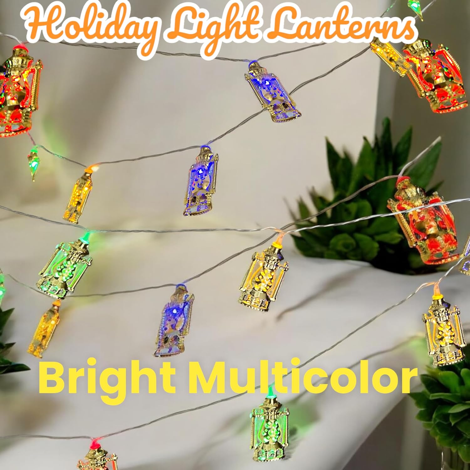 Housewarming Eid String Lights Bundle - 2 Sets Of 10Pc Gold Traditional Lanterns, Multi-Color Led Indoor Battery Lights 5~6Ft Long (20 Total, 2Xlantern Led)