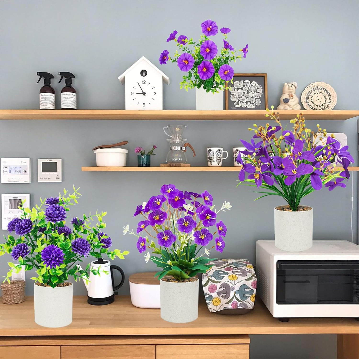 8 Packs Small Fake Plants Mini Artificial Potted Flowers Plastic Small Faux Potted Plants Indoor For Home Room Office Shelves Spring Decor, Purple