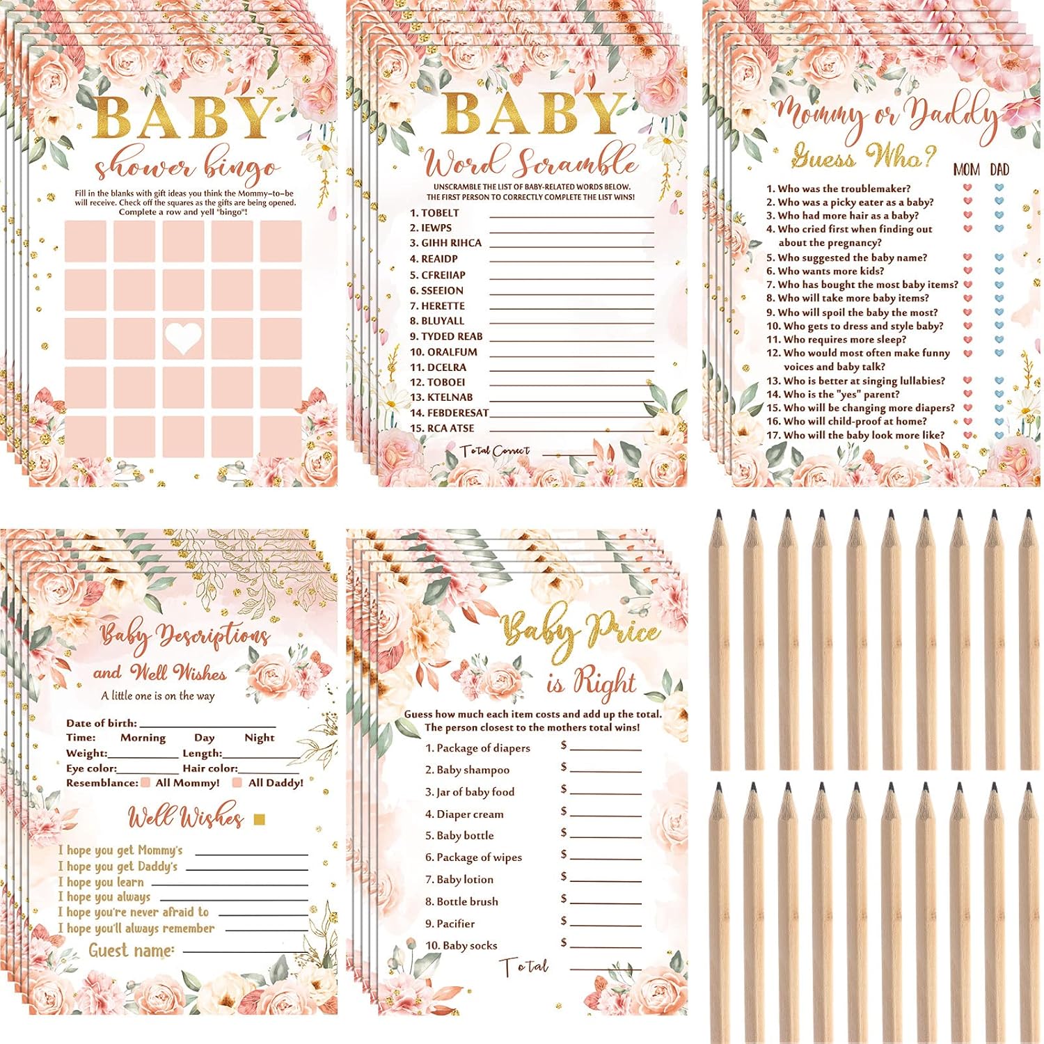 125 Pcs Floral Baby Shower Games For Girls 5 Games Baby Shower Activities Floral Cards For 25 Guests Includes Flower Mommy Or Daddy Predict Who Description Word Scramble Game With 20 Pencil