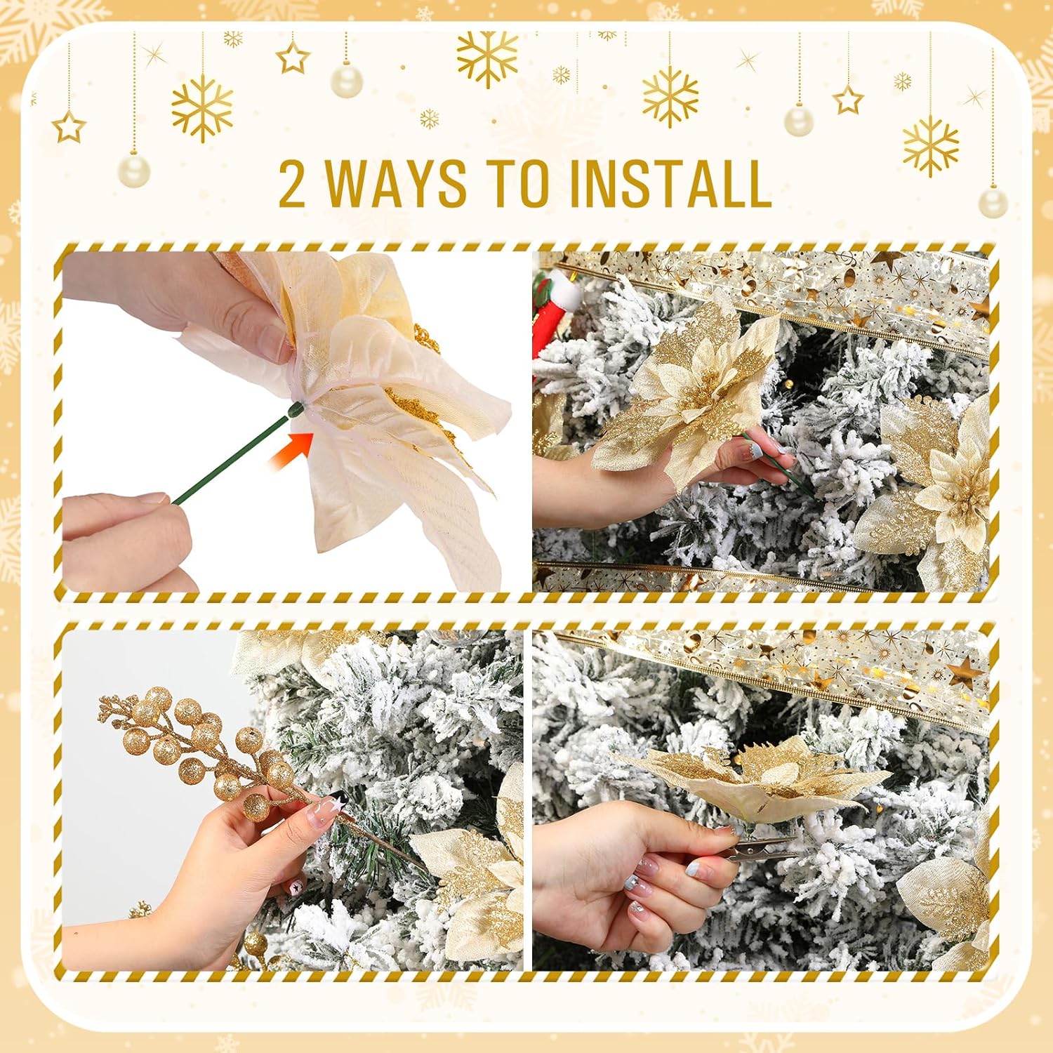 24 Pieces Christmas Tree Decorations, 12 Pcs Gold Poinsettia Flowers Artificial And 12 Pcs Glitter Christmas Tree Picks For Christmas Decorations Party Wreath Fireplace Stairs, Gold