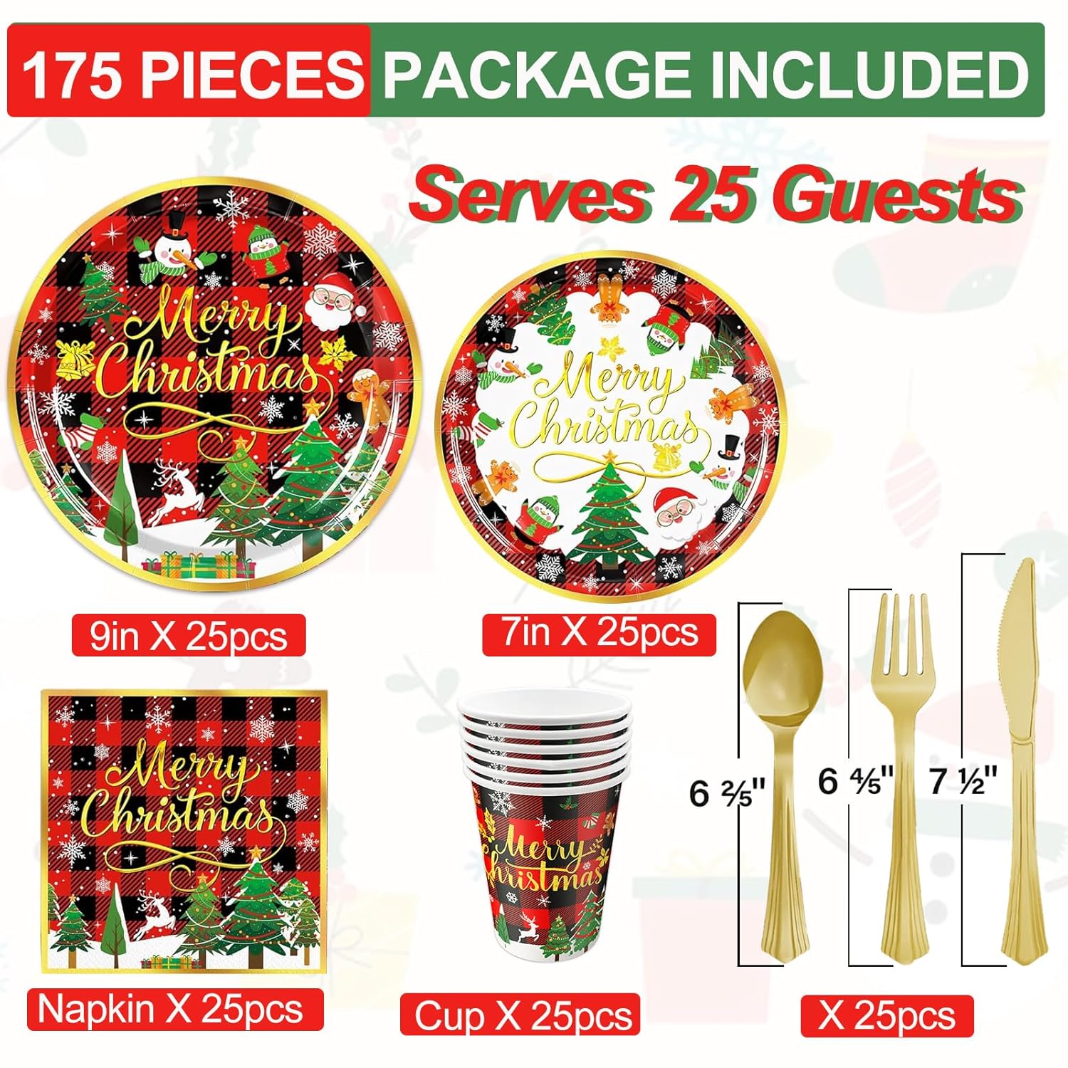 Christmas Party Decorations Supplies - 175 Pcs Merry Christmas Red Plaid Disposable Dinnerware Set Xmas Paper Plates And Napkins Sets With Cups Fork Knive Spoon For Holiday Party Supplies, Serve 25