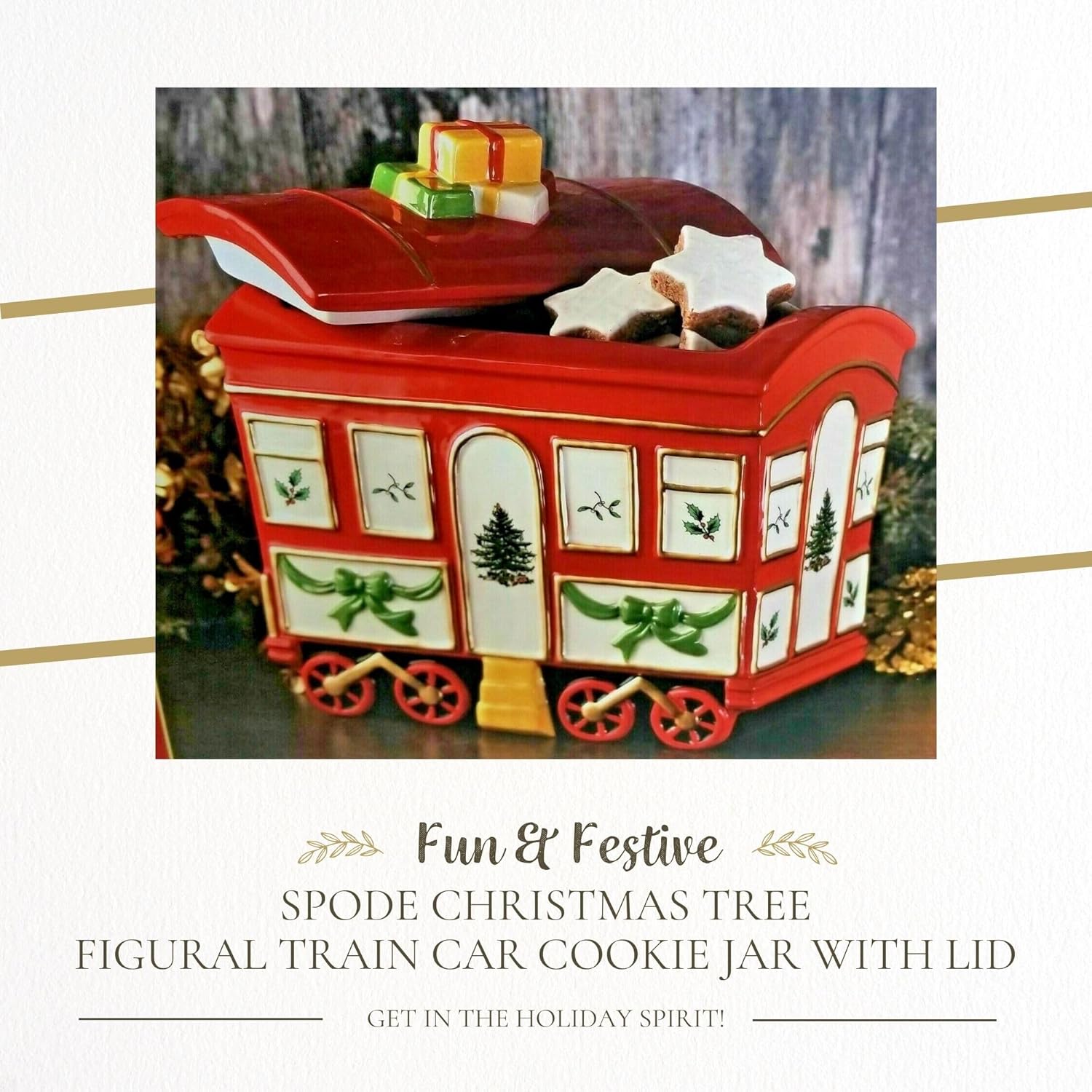 Christmas Tree Cookie Jar With Lid, 8.5" Ceramic Holiday Train Car Dish For Cookies, Candy, Nuts - Festive Christmas Home Decor & Holiday Treats Jar - Great For Collectors