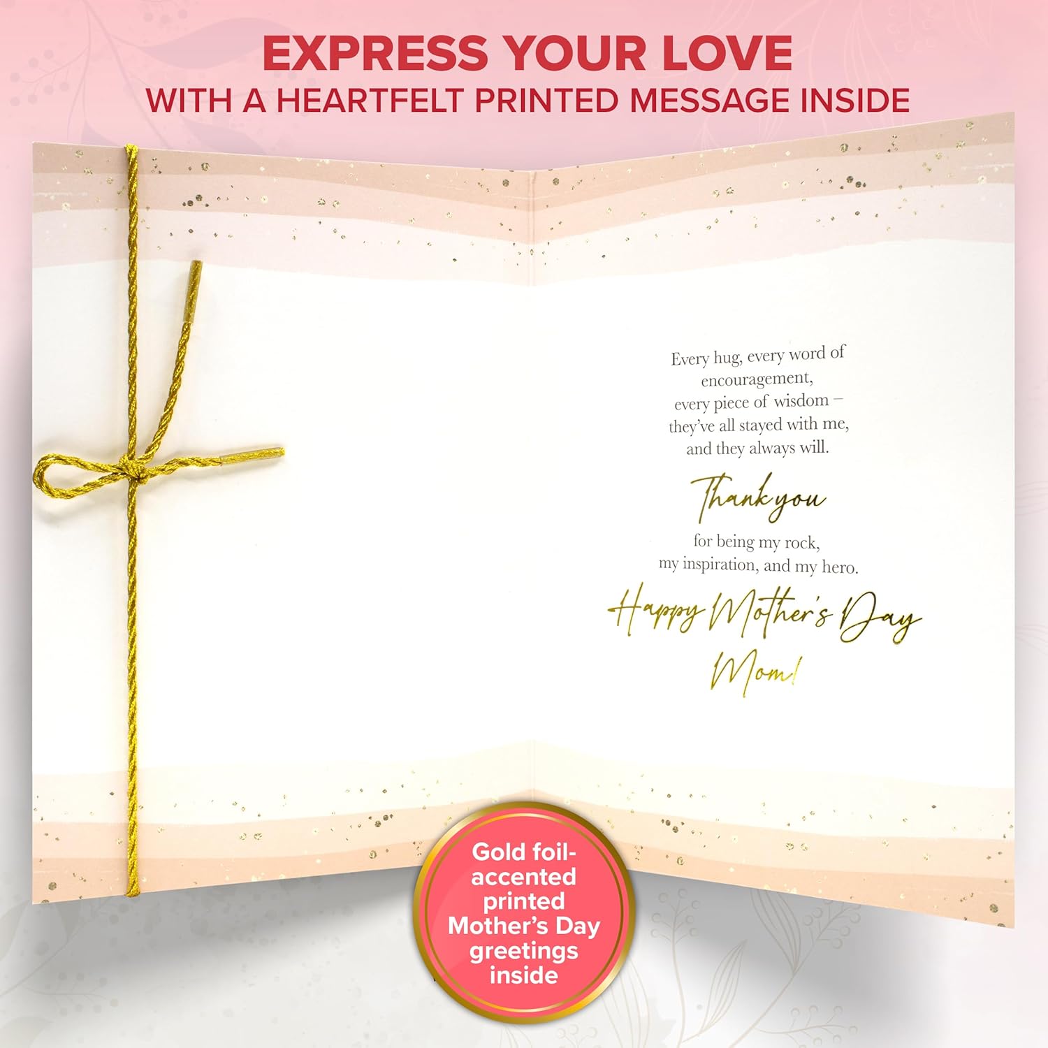 Gold Glitter Foil 5X7In Handmade Individual Mothers Day Card From Daughter With String And Die-Cut Heart Charm, Matching Envelope And Stickers For Mom, Textured With Printed Message Inside